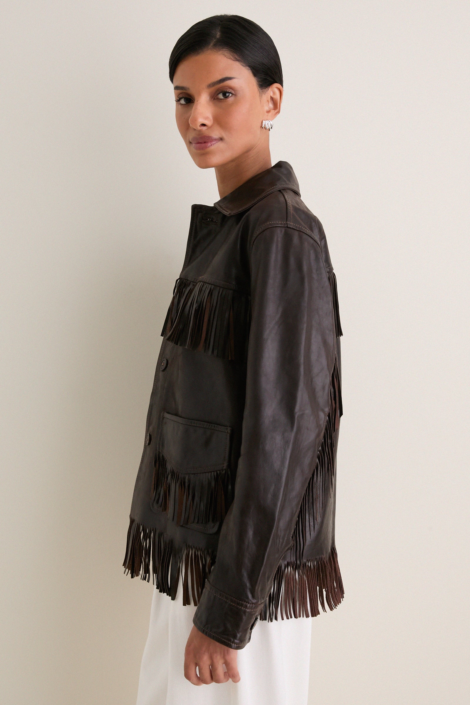 Dark Chocolate Cow Leather Fringe Jacket