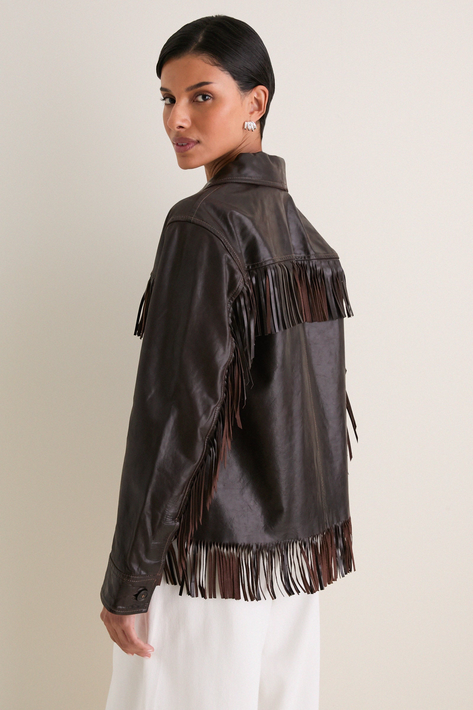 Dark Chocolate Cow Leather Fringe Jacket