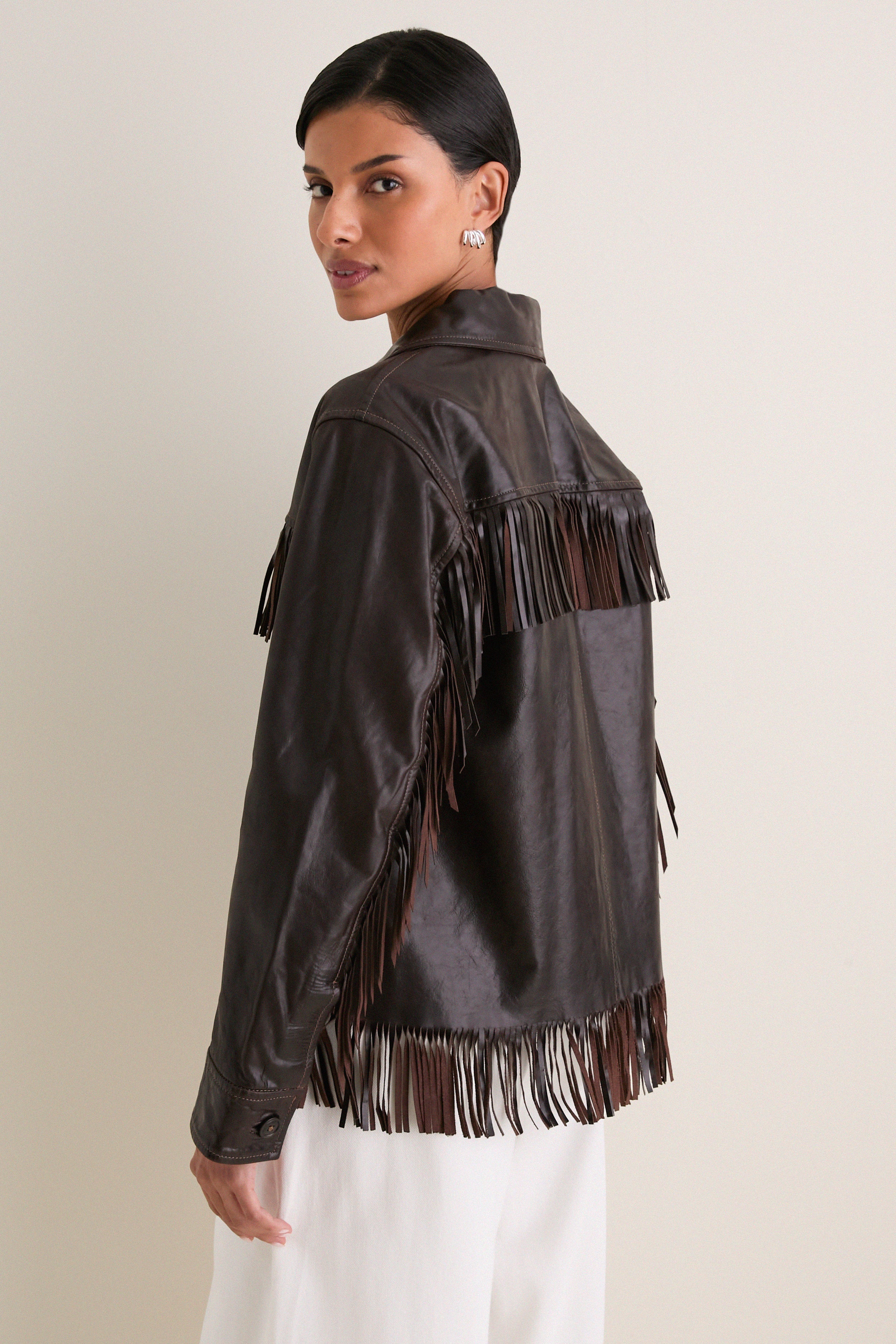 Dark Chocolate Cow Leather Fringe Jacket