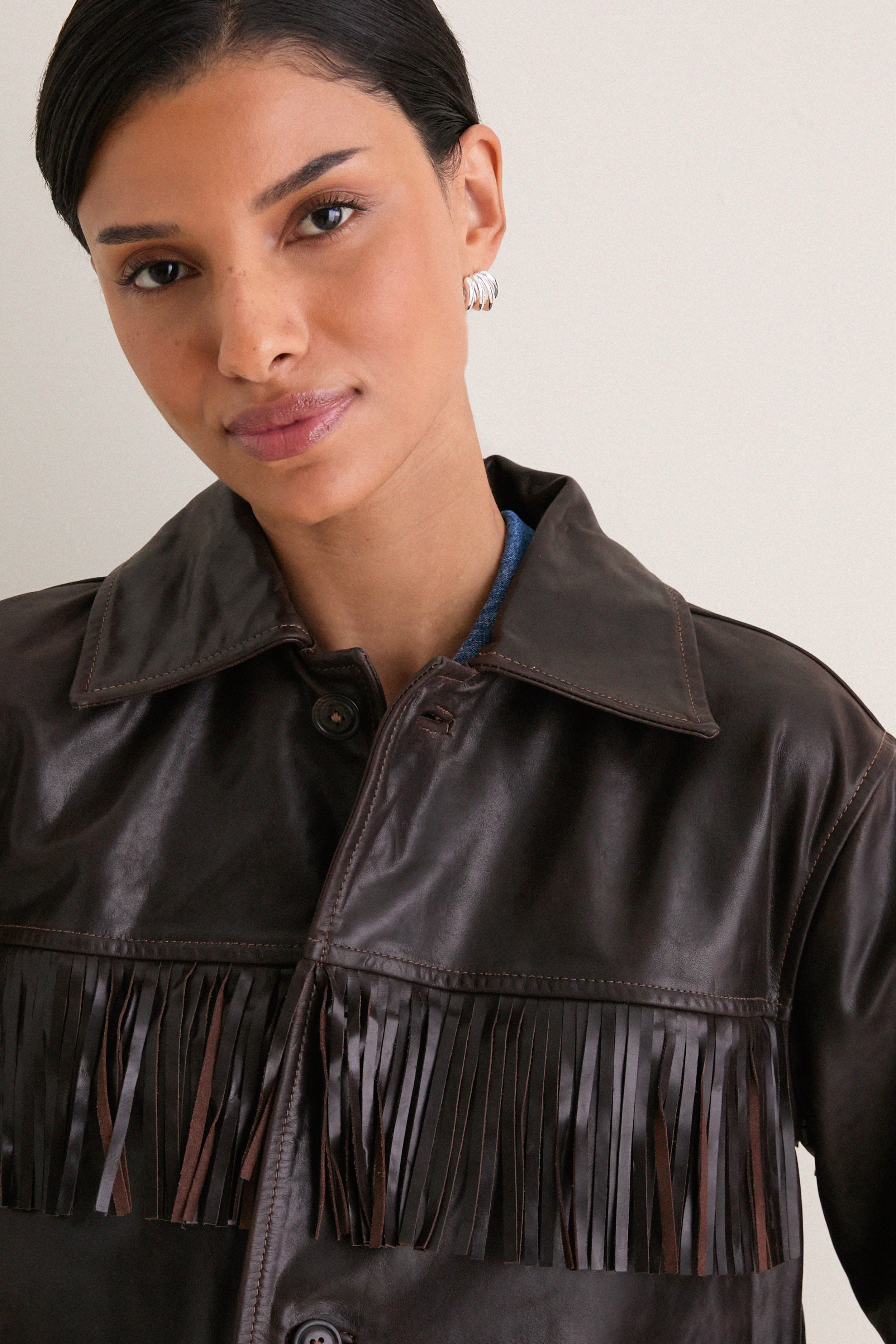 Dark Chocolate Cow Leather Fringe Jacket