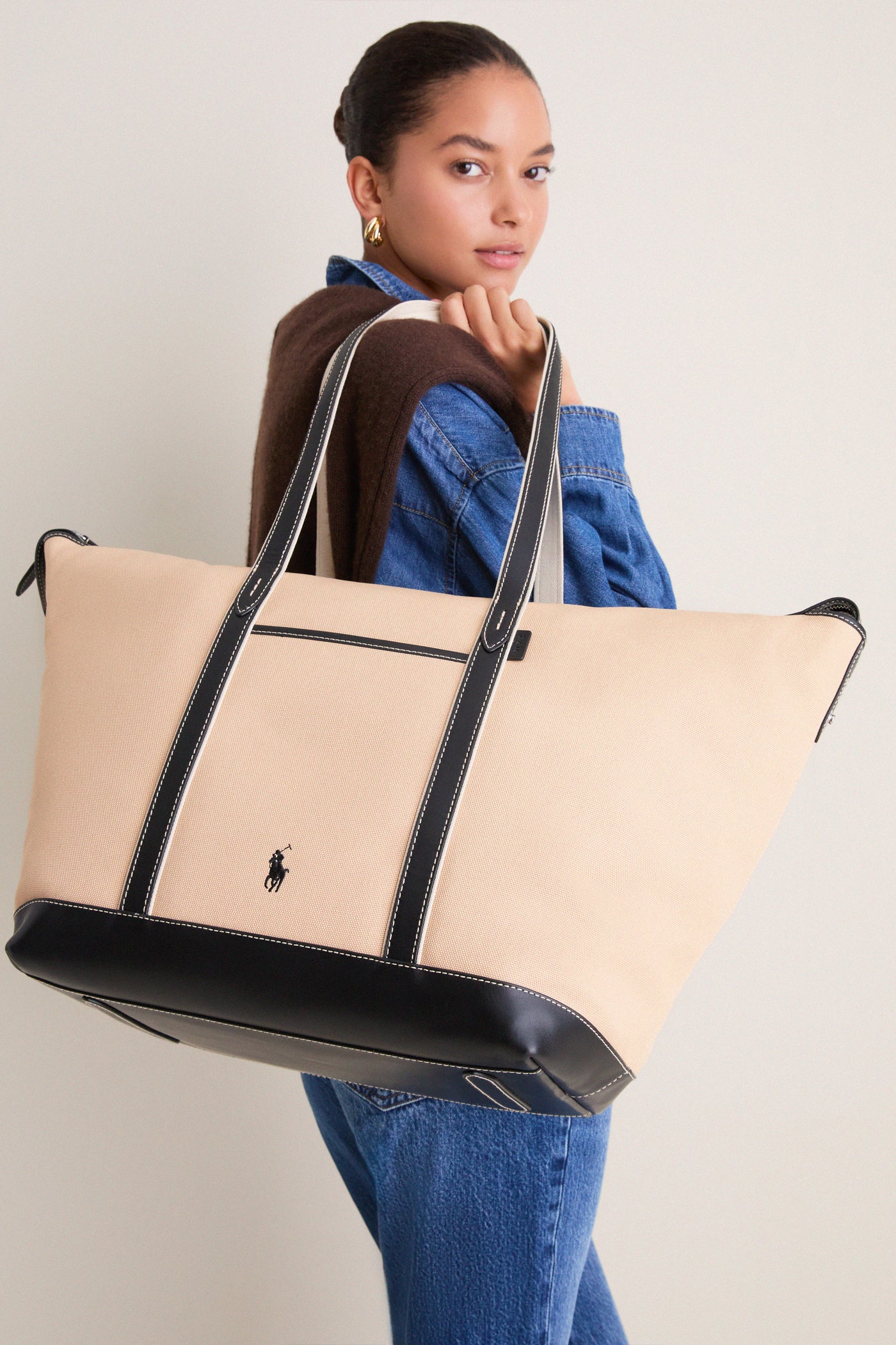 Porcelain and Black Leather-Trim Canvas Large Shopper Tote