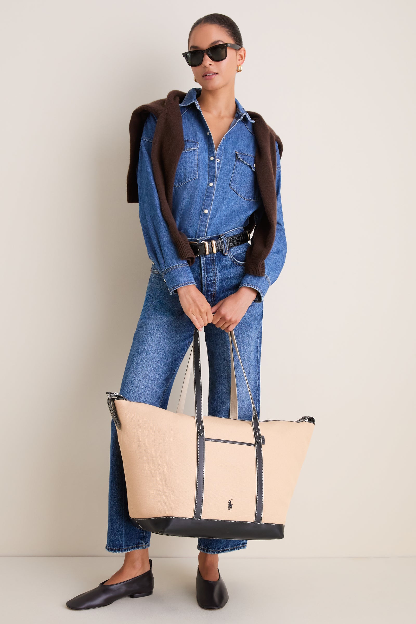 Porcelain and Black Leather-Trim Canvas Large Shopper Tote