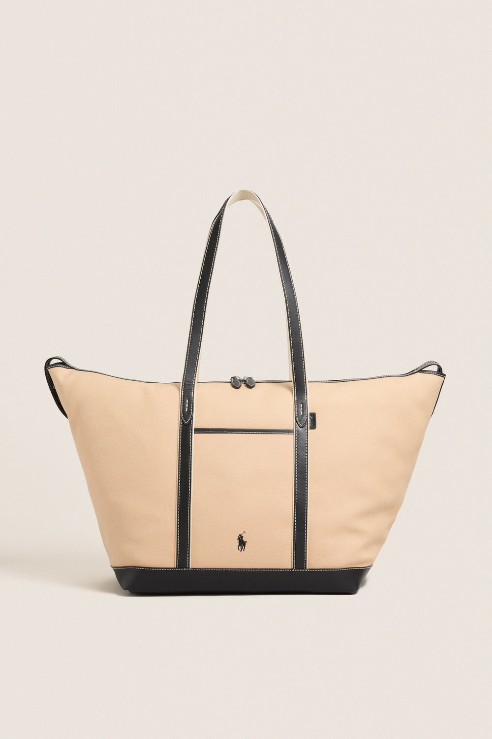 Porcelain and Black Leather-Trim Canvas Large Shopper Tote