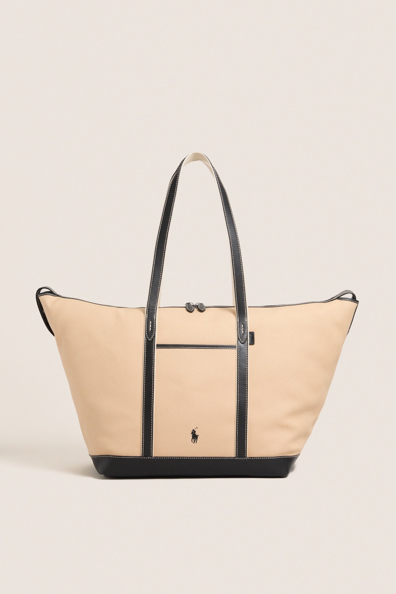 Porcelain and Black Leather-Trim Canvas Large Shopper Tote