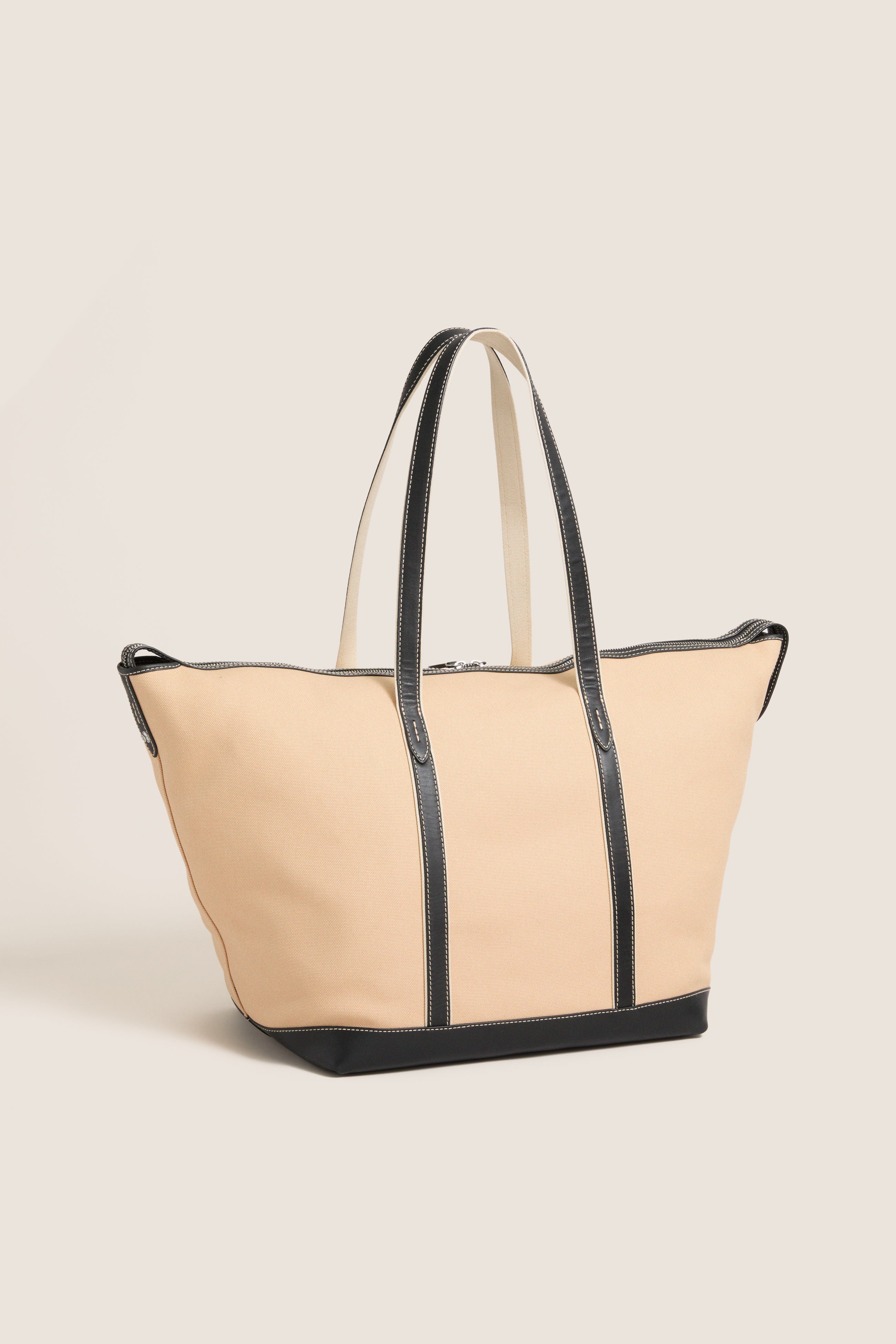 Porcelain and Black Leather-Trim Canvas Large Shopper Tote