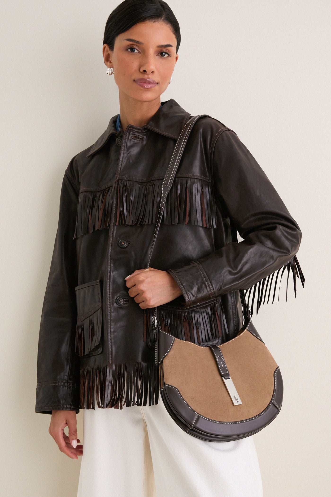 Clay Tobacco Polo ID Suede-Leather Small Shoulder Bag
