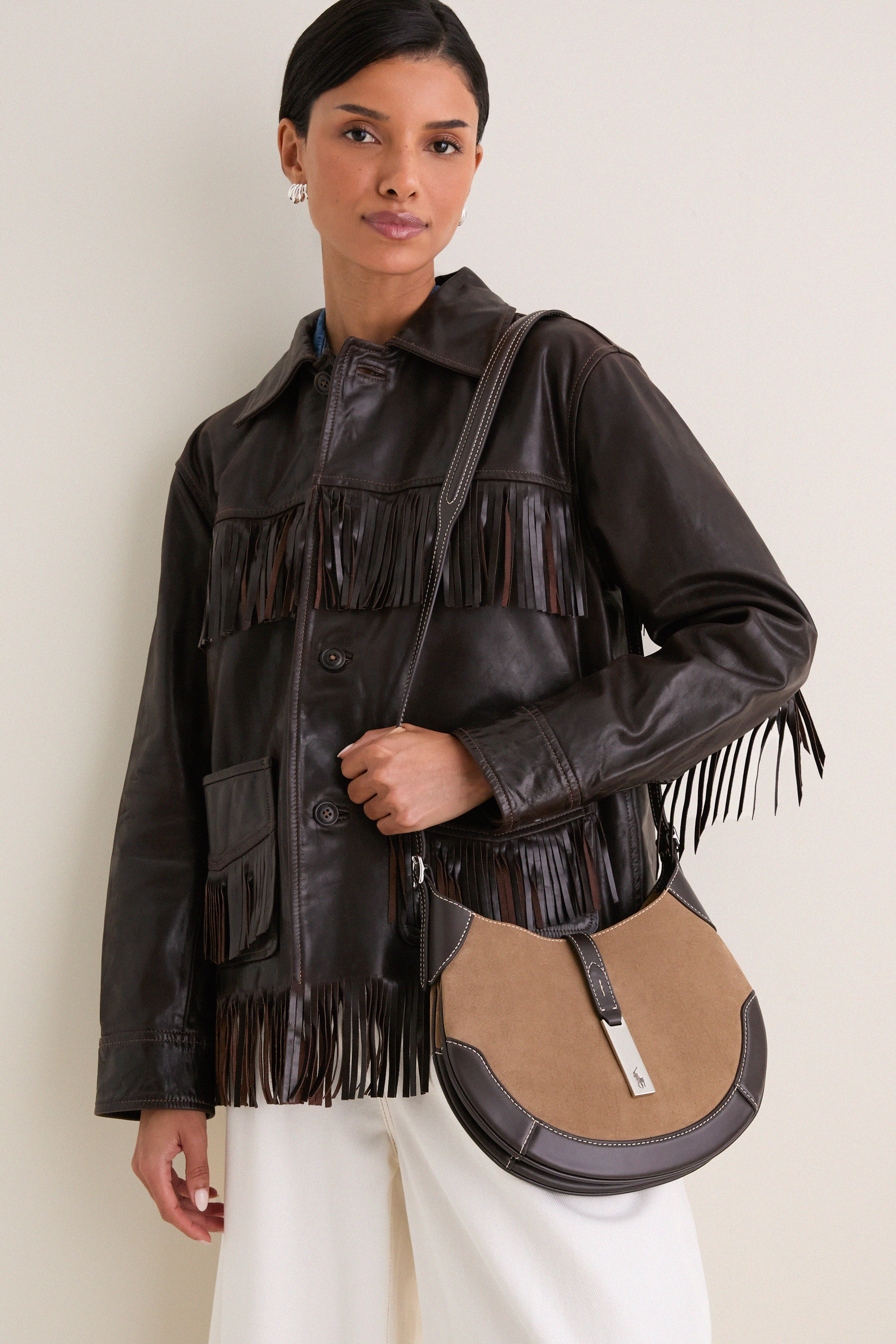 Clay Tobacco Polo ID Suede-Leather Small Shoulder Bag