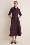 Merlot Green Multi Plaid Collared Long Sleeve Midi Dress