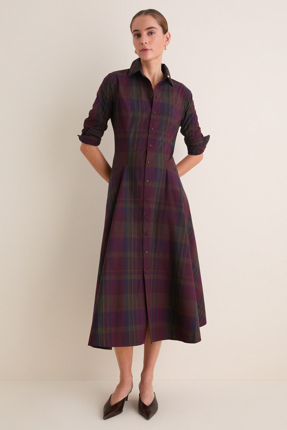 Merlot Green Multi Plaid Collared Long Sleeve Midi Dress