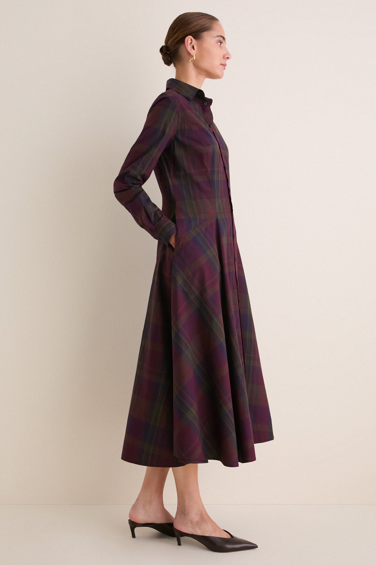 Merlot Green Multi Plaid Collared Long Sleeve Midi Dress