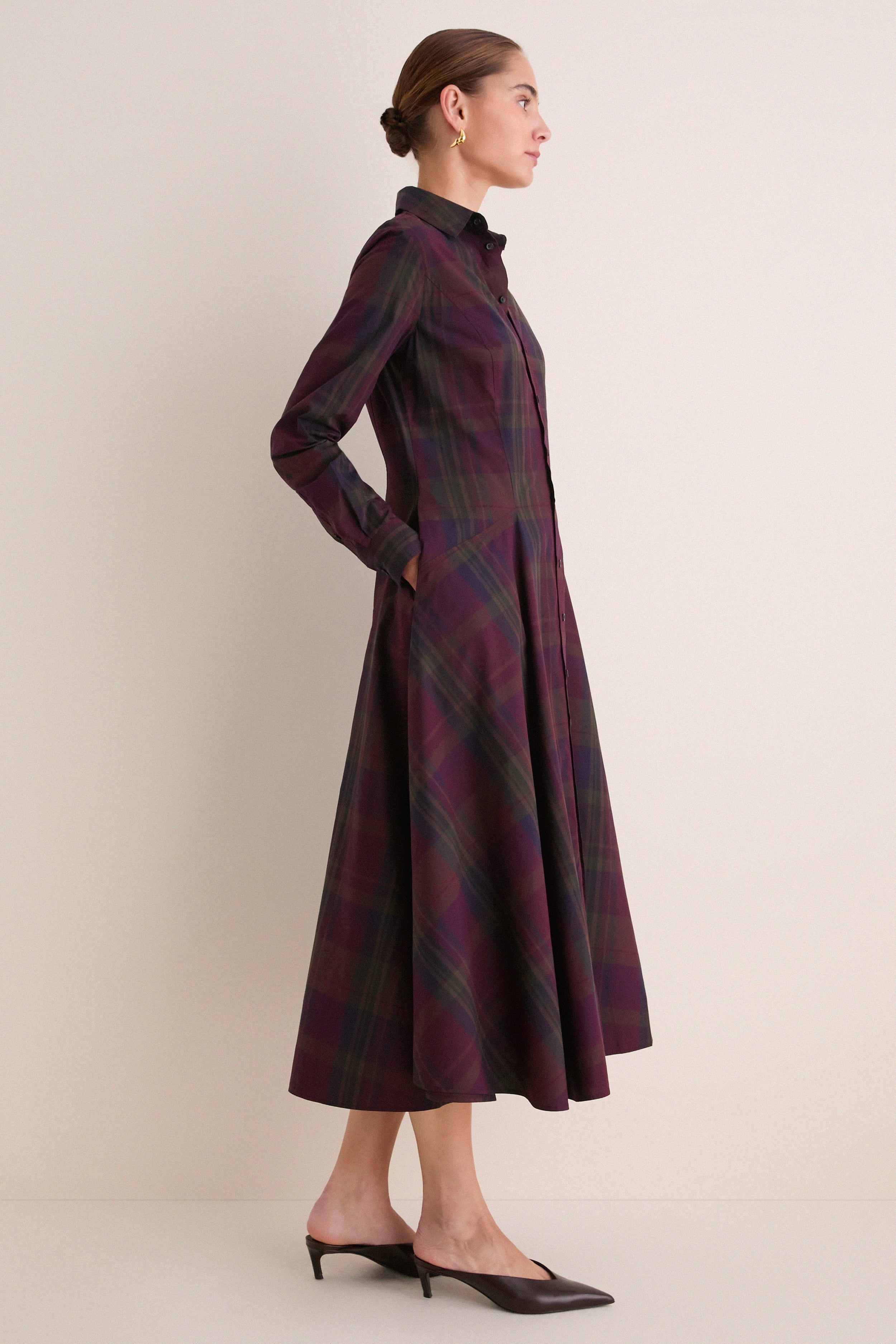 Merlot Green Multi Plaid Collared Long Sleeve Midi Dress