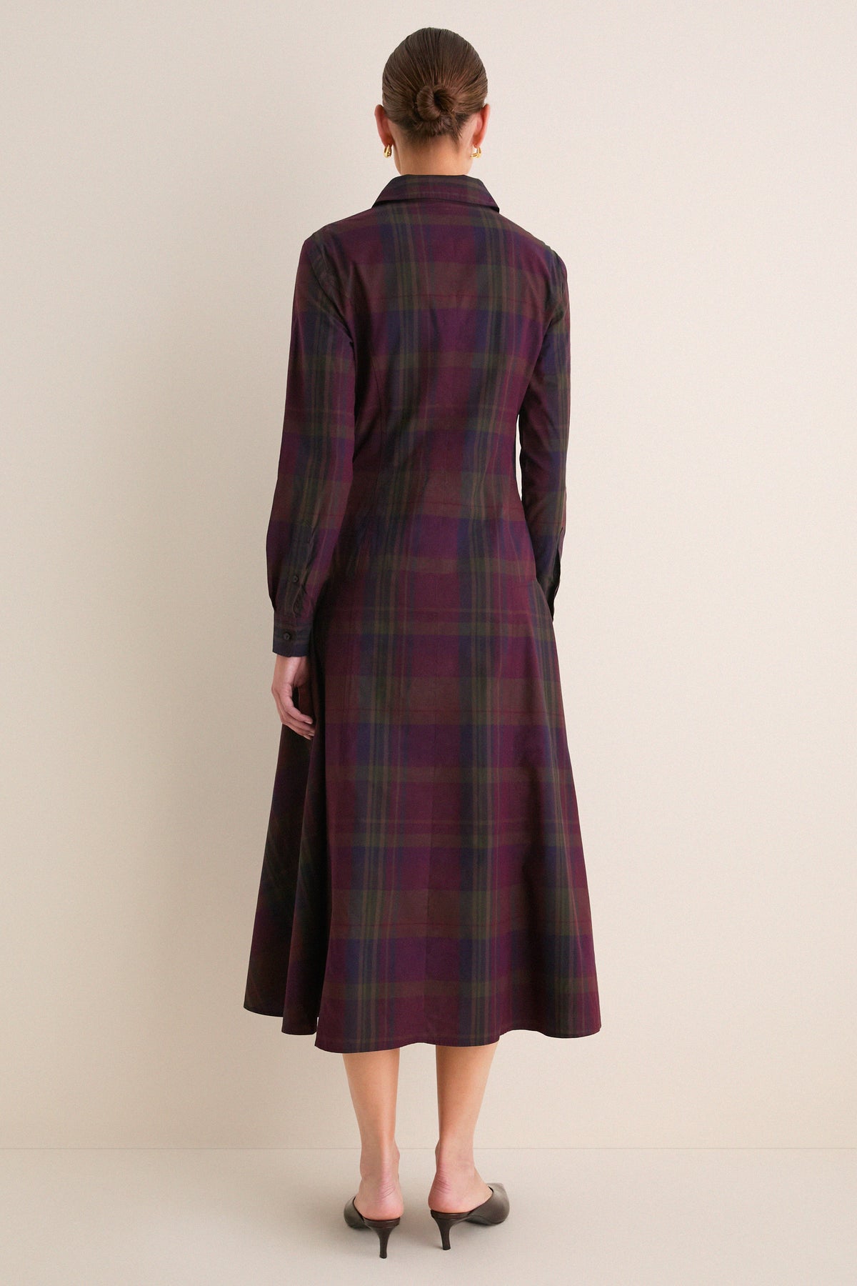 Merlot Green Multi Plaid Collared Long Sleeve Midi Dress