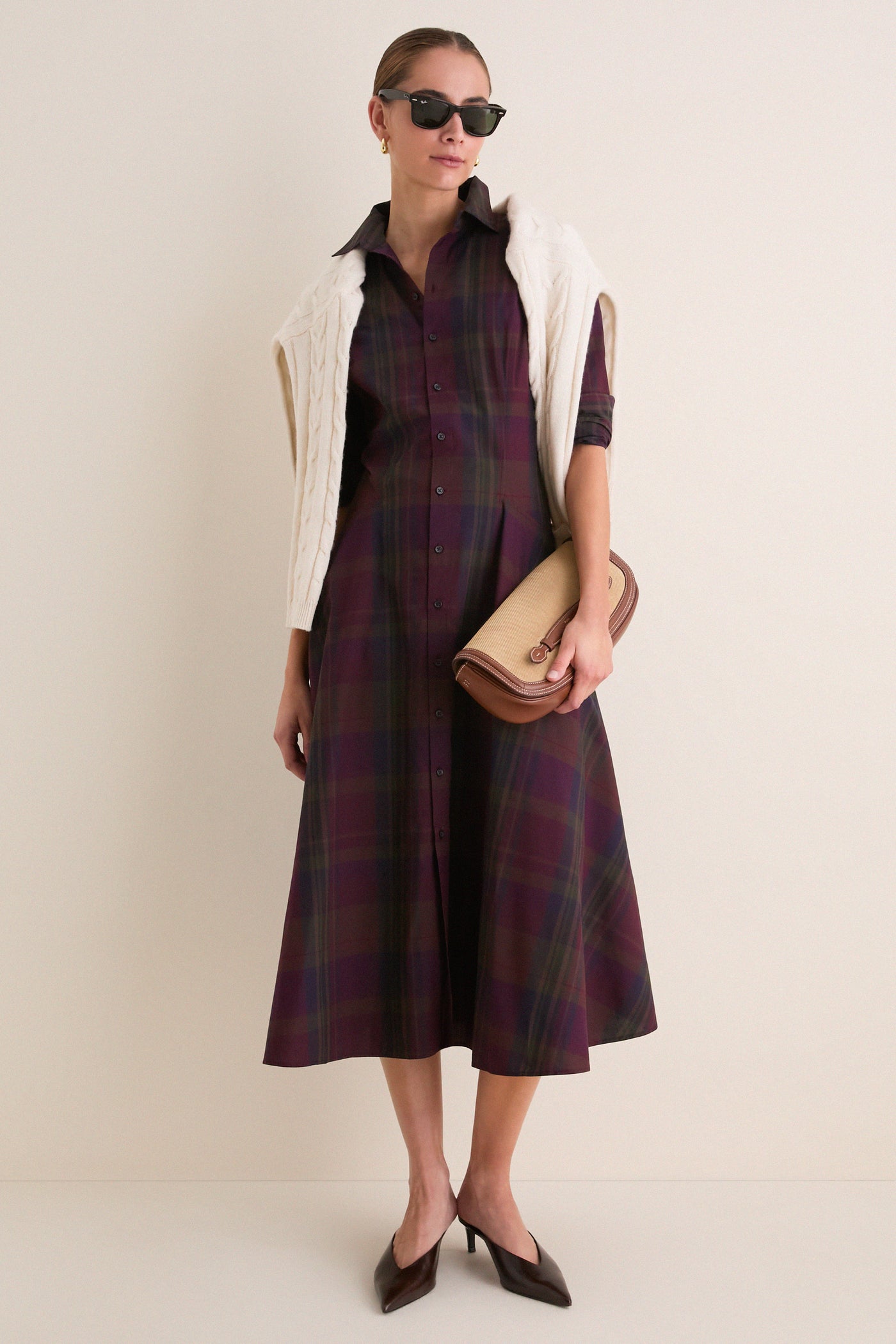 Merlot Green Multi Plaid Collared Long Sleeve Midi Dress