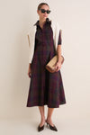 Merlot Green Multi Plaid Collared Long Sleeve Midi Dress