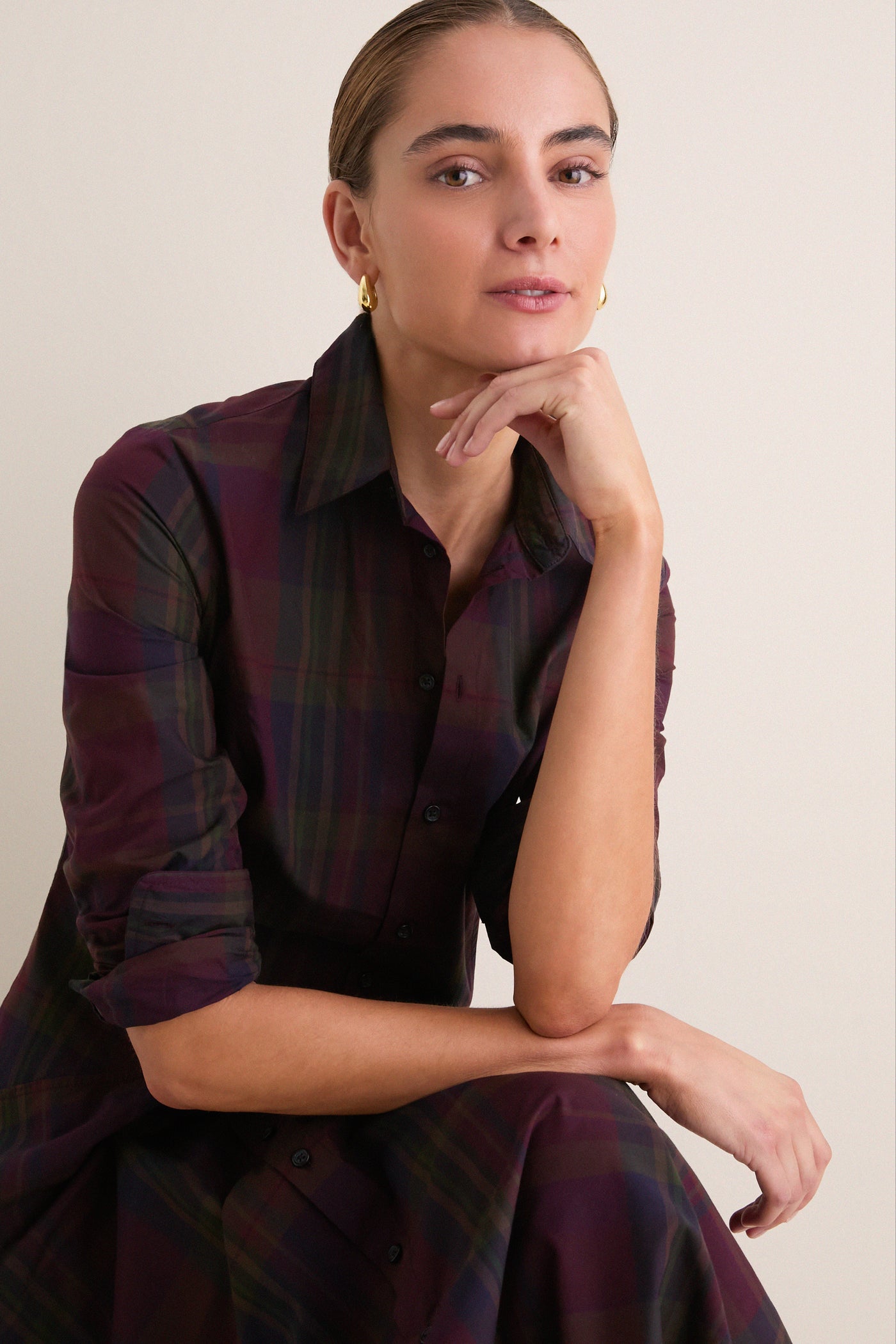 Merlot Green Multi Plaid Collared Long Sleeve Midi Dress