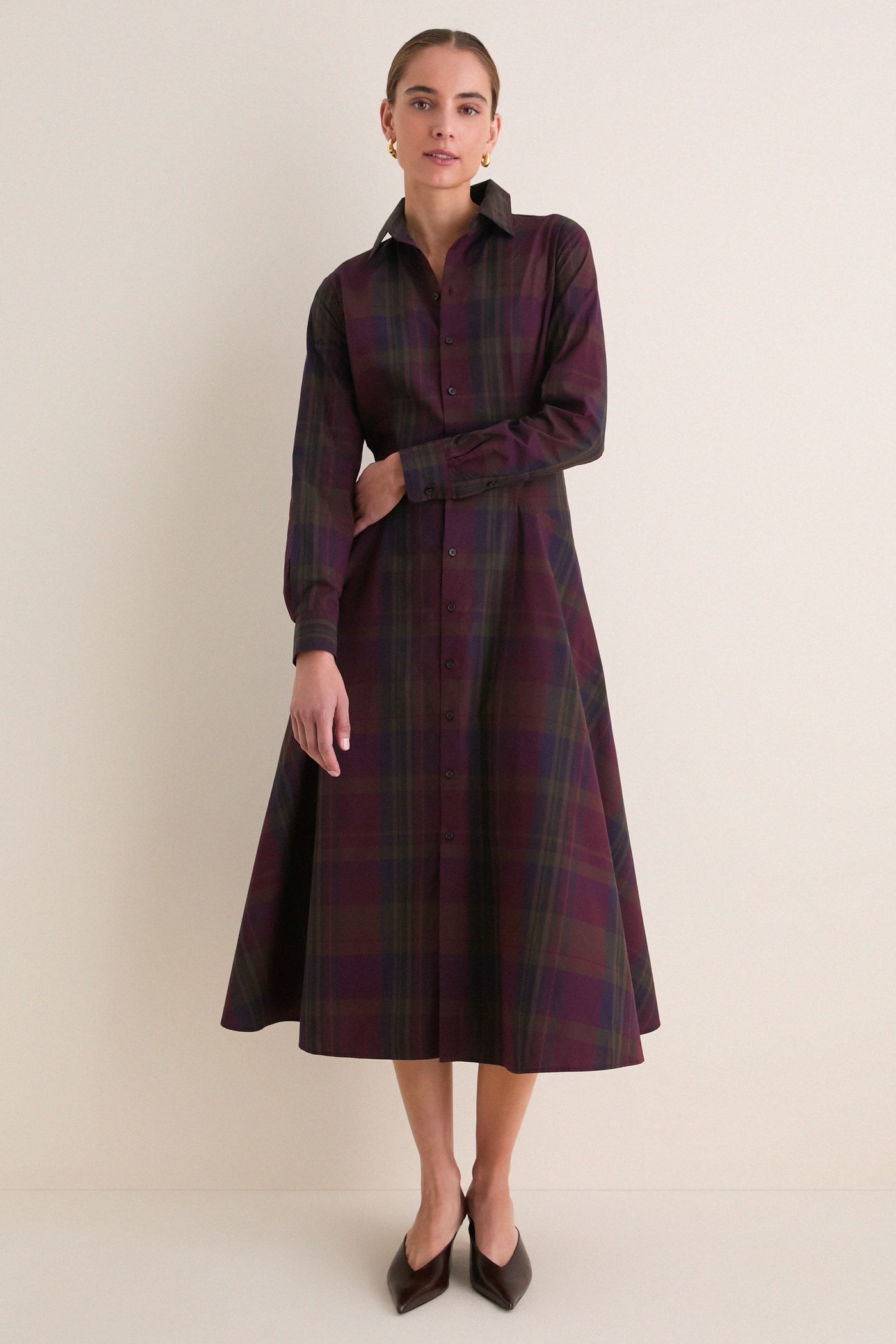 Merlot Green Multi Plaid Collared Long Sleeve Midi Dress