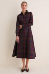 Merlot Green Multi Plaid Collared Long Sleeve Midi Dress