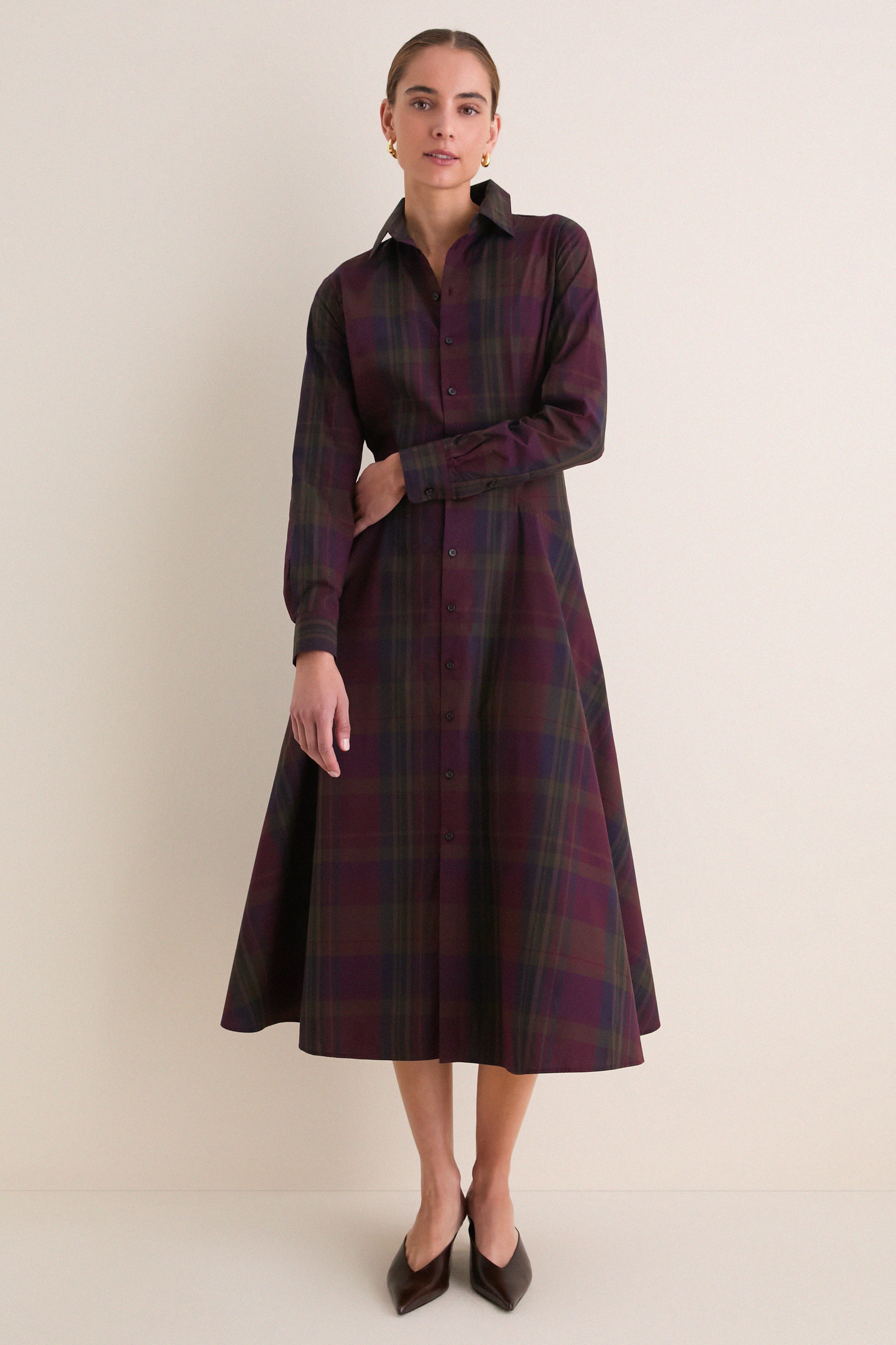 Merlot Green Multi Plaid Collared Long Sleeve Midi Dress