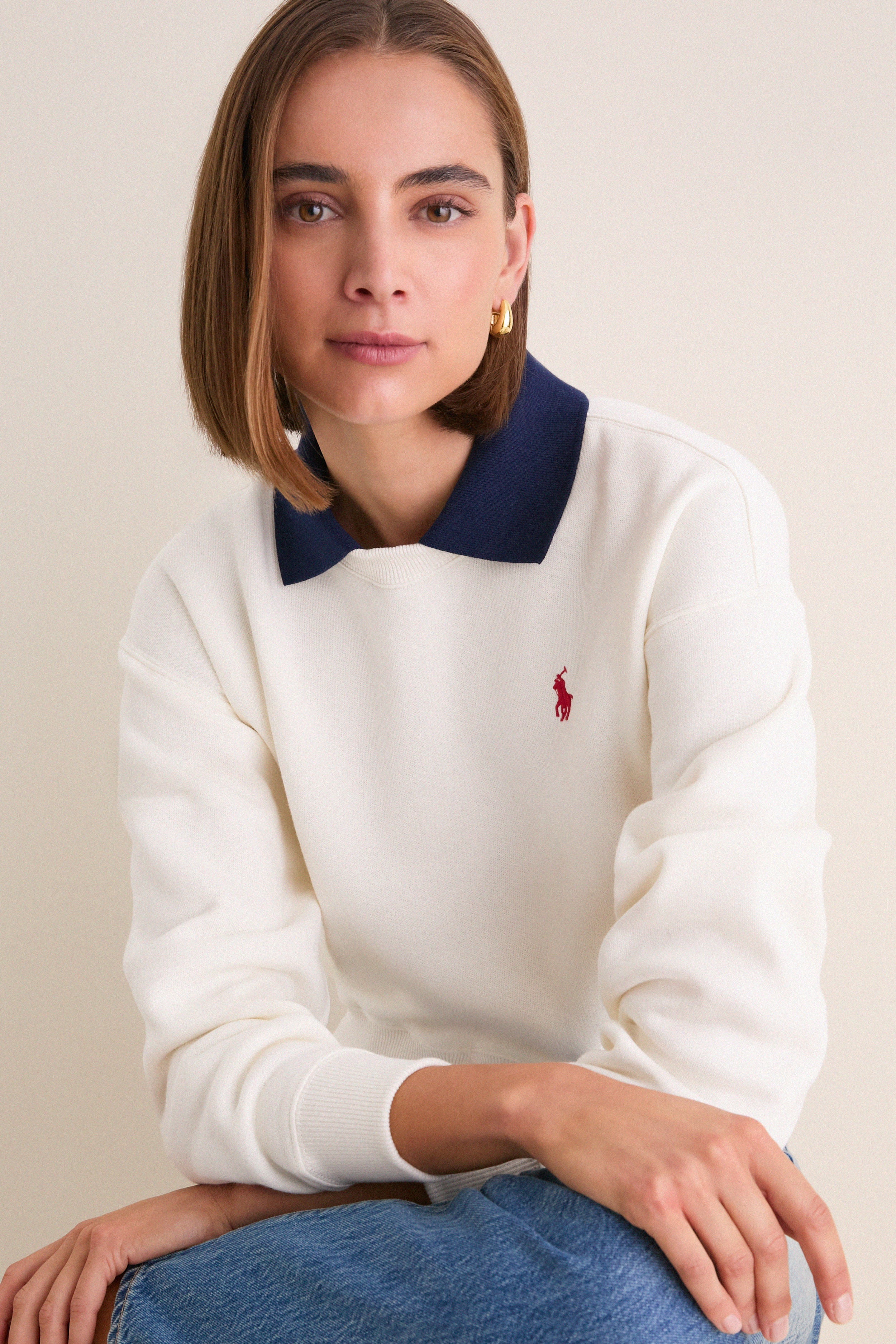 Warm White Arctic Fleece Long Sleeve Collared Sweatshirt