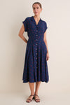 Navy and Red Cosmo Floral Collared Short Sleeve Midi Dress