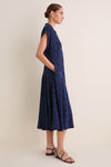 Navy and Red Cosmo Floral Collared Short Sleeve Midi Dress