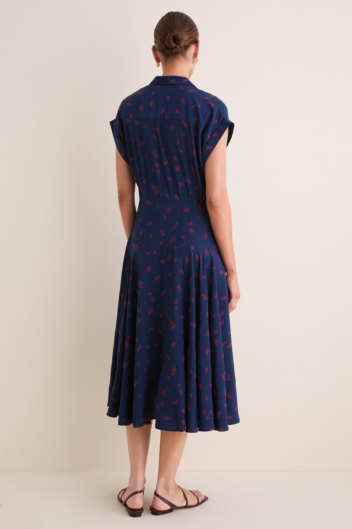 Navy and Red Cosmo Floral Collared Short Sleeve Midi Dress