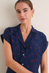 Navy and Red Cosmo Floral Collared Short Sleeve Midi Dress