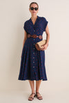 Navy and Red Cosmo Floral Collared Short Sleeve Midi Dress