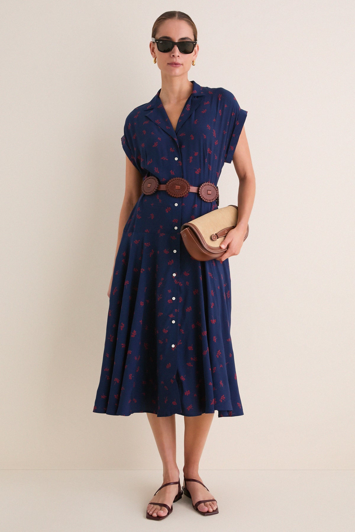 Navy and Red Cosmo Floral Collared Short Sleeve Midi Dress