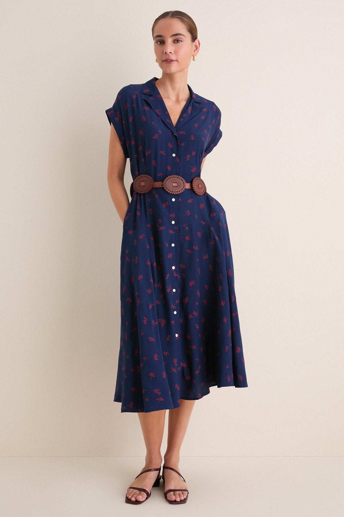 Navy and Red Cosmo Floral Collared Short Sleeve Midi Dress