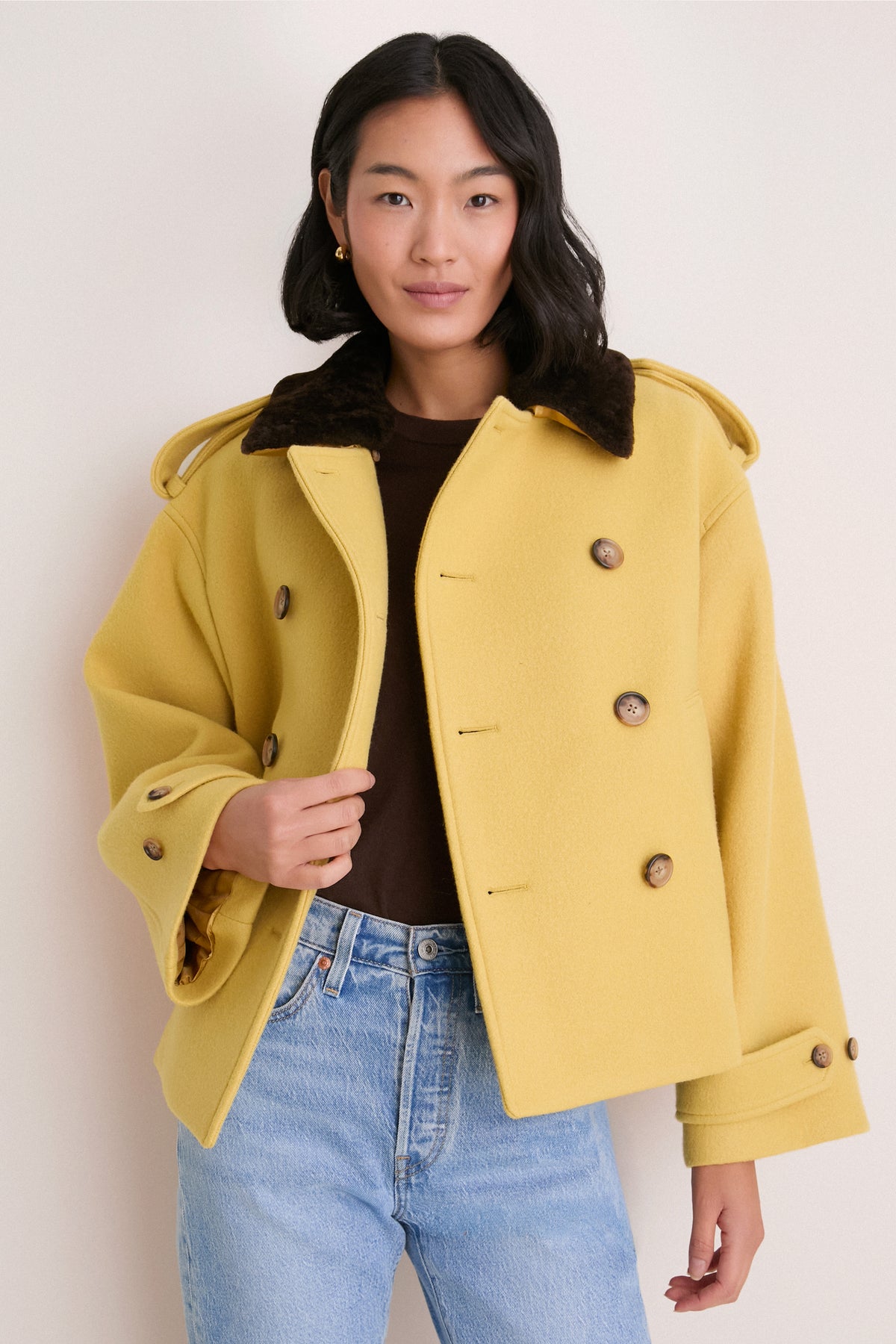 Yellow Woven Fur Collared Jacket