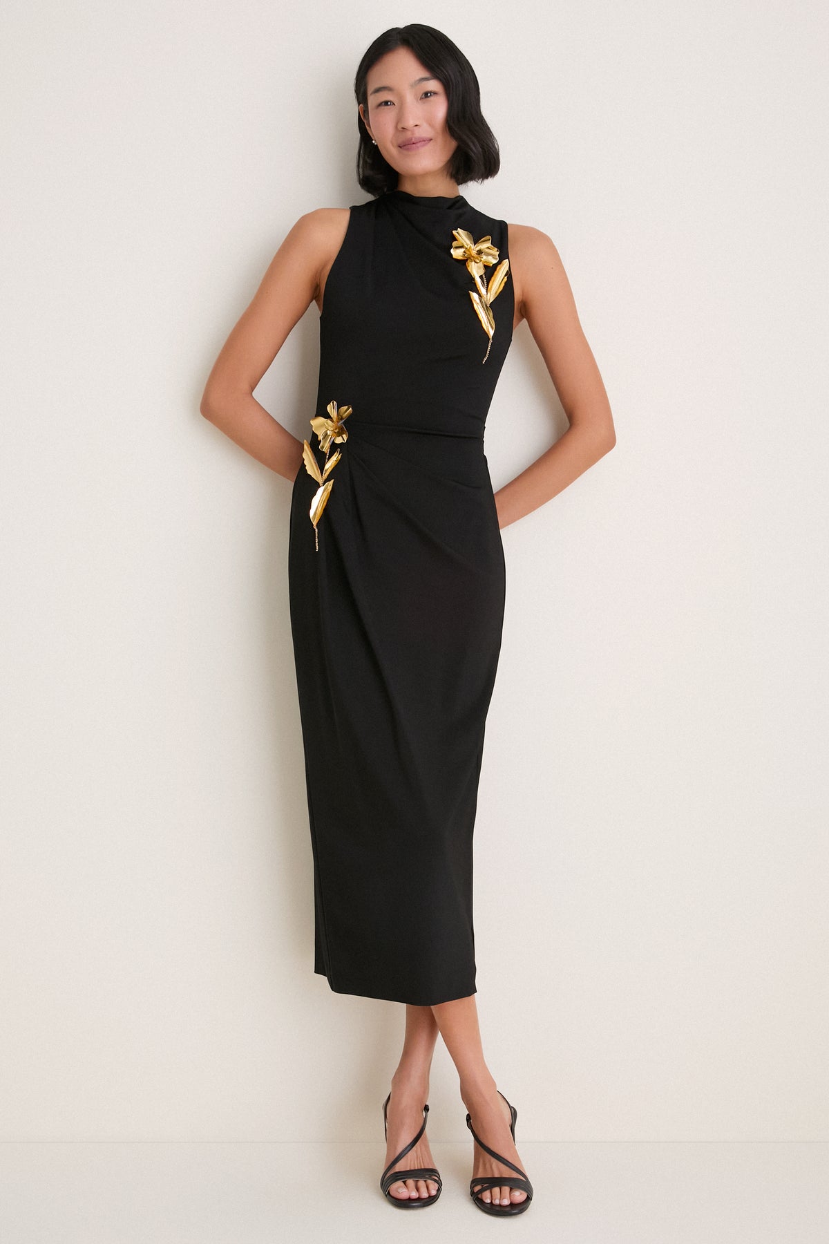 Black 3D Embroidered Satin Column Dress