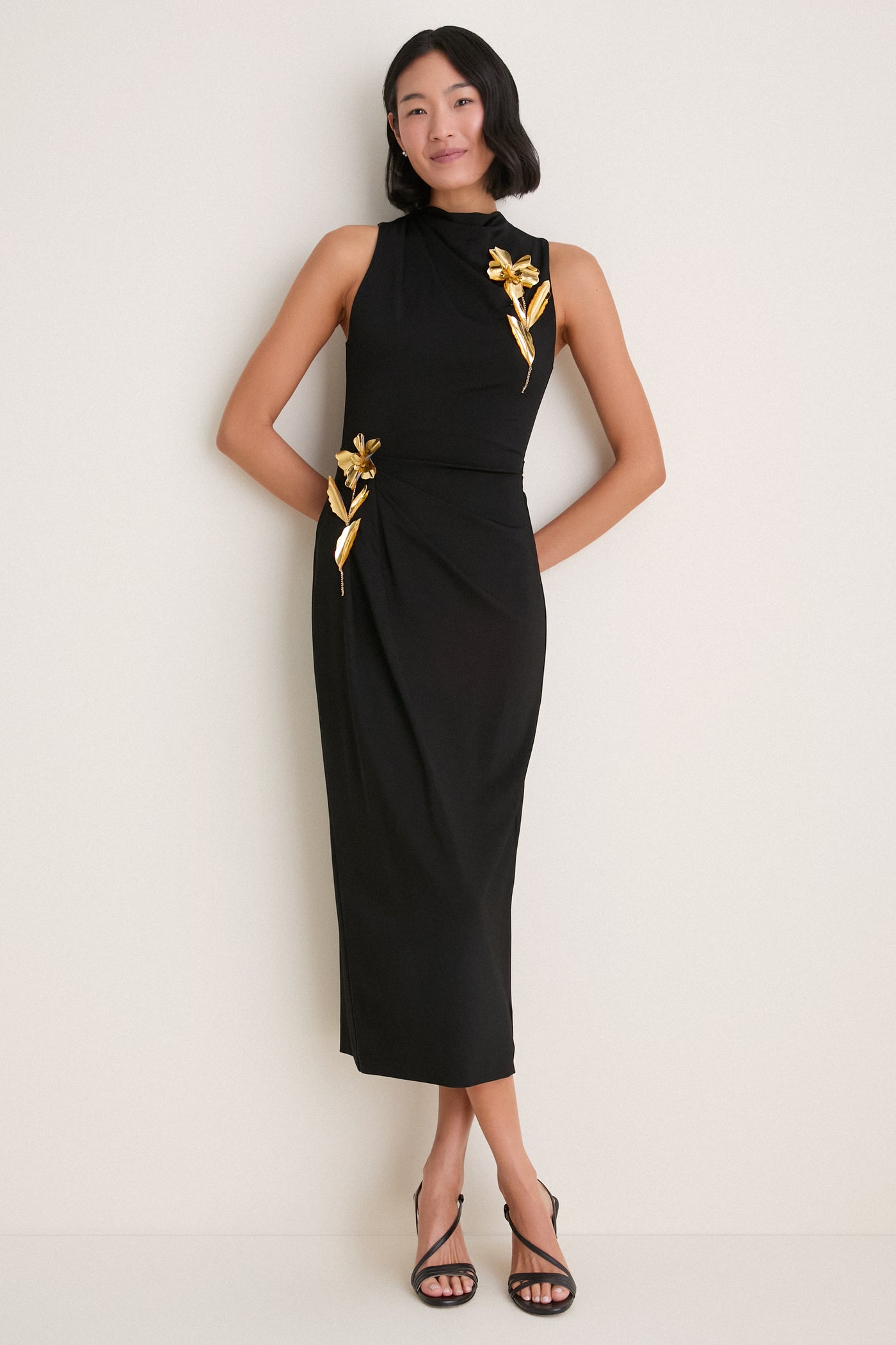 Black 3D Embroidered Satin Column Dress