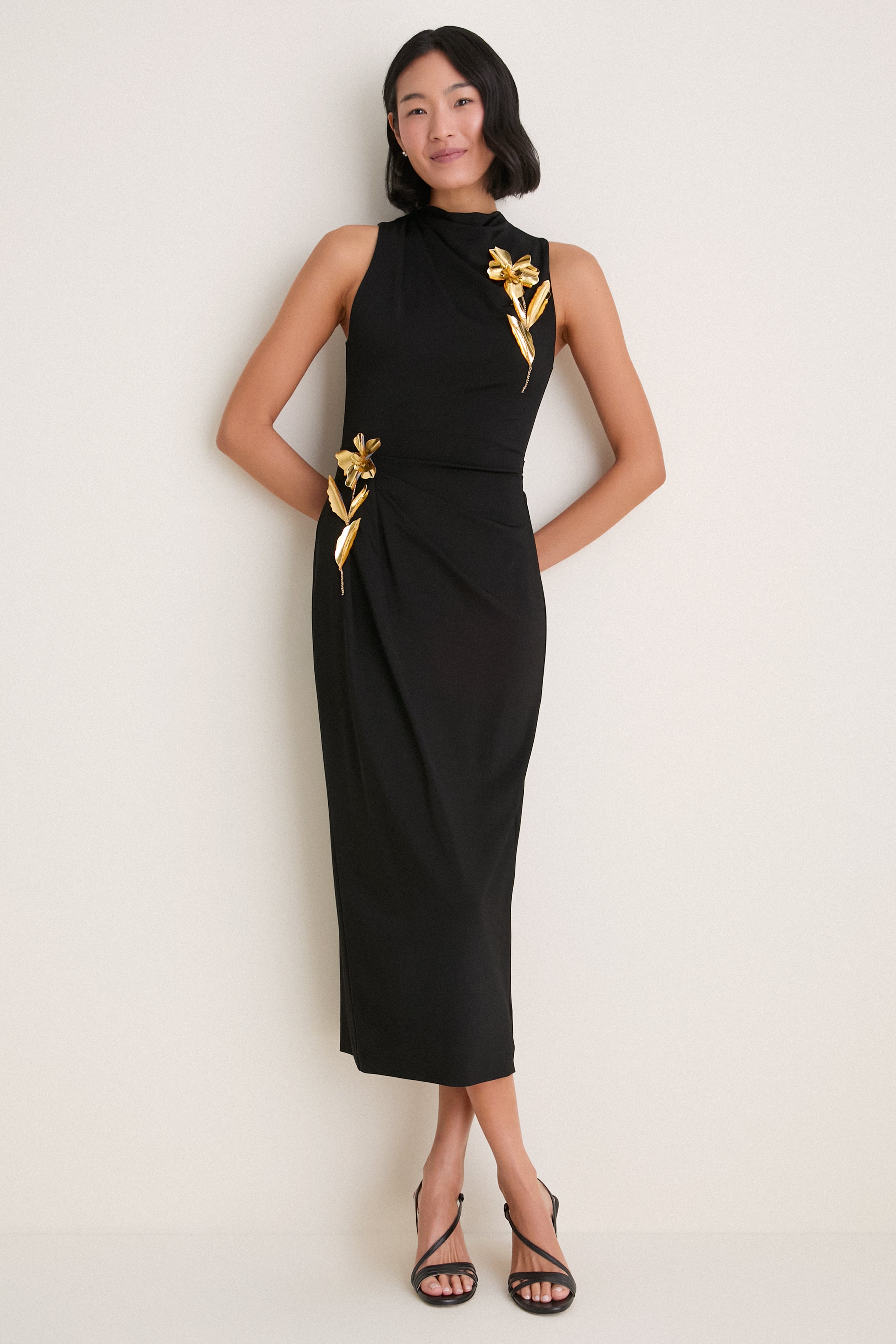 Black 3D Embroidered Satin Column Dress