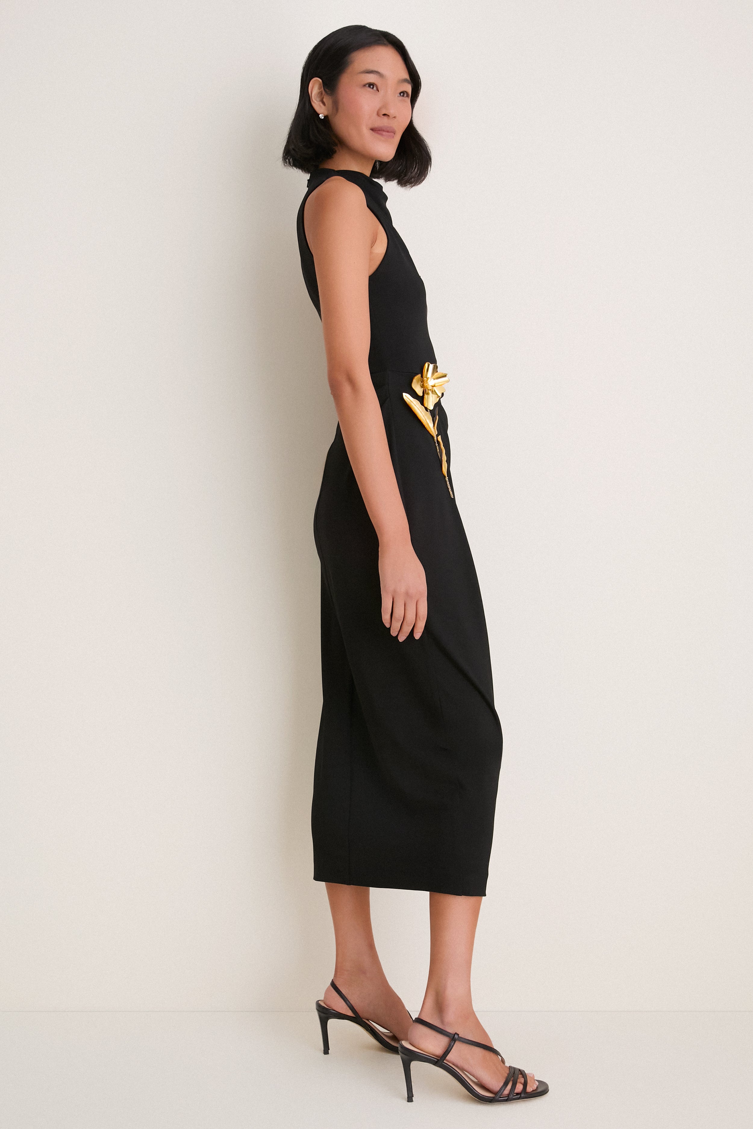 Black 3D Embroidered Satin Column Dress