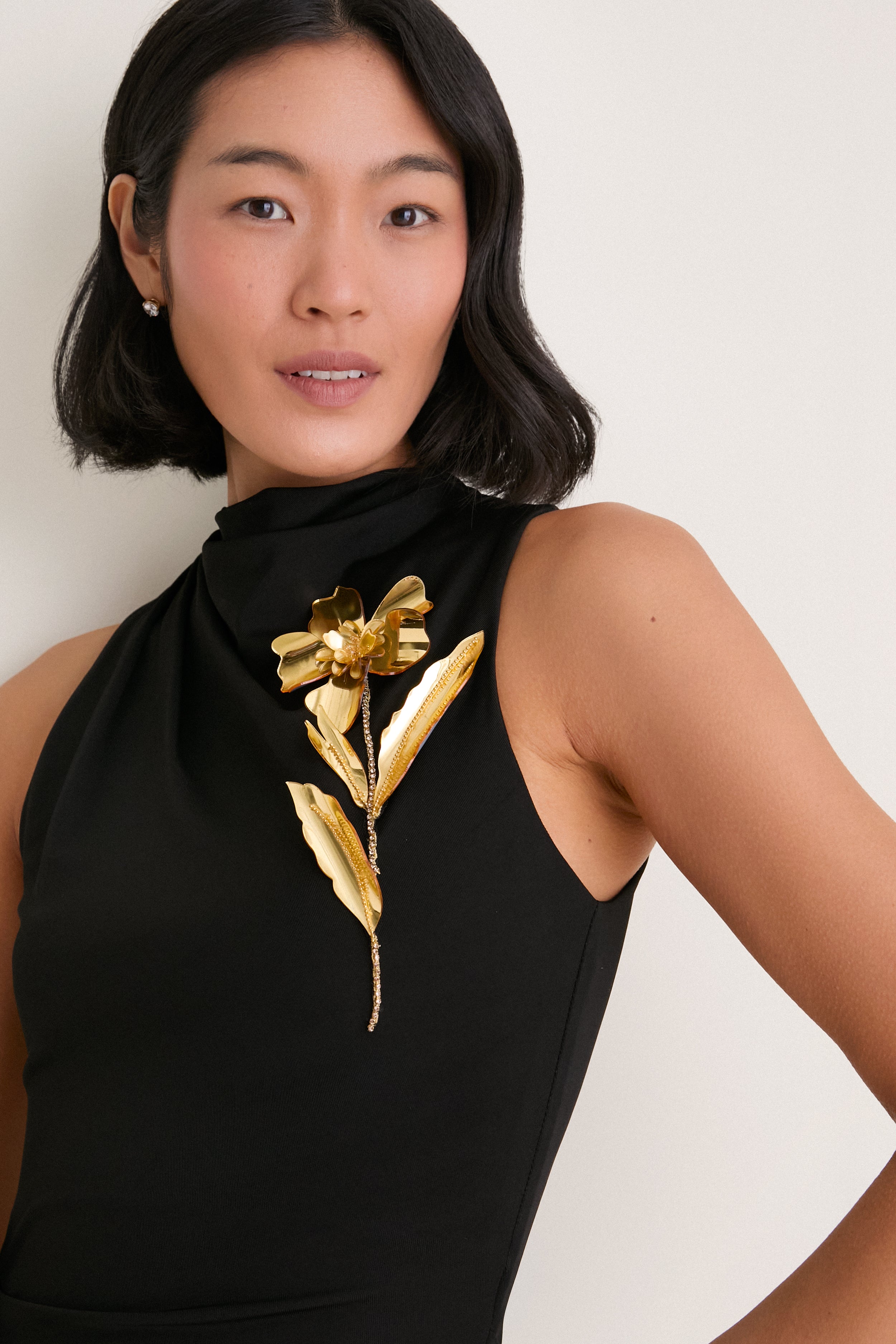 Black 3D Embroidered Satin Column Dress