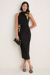 Black 3D Embroidered Satin Column Dress