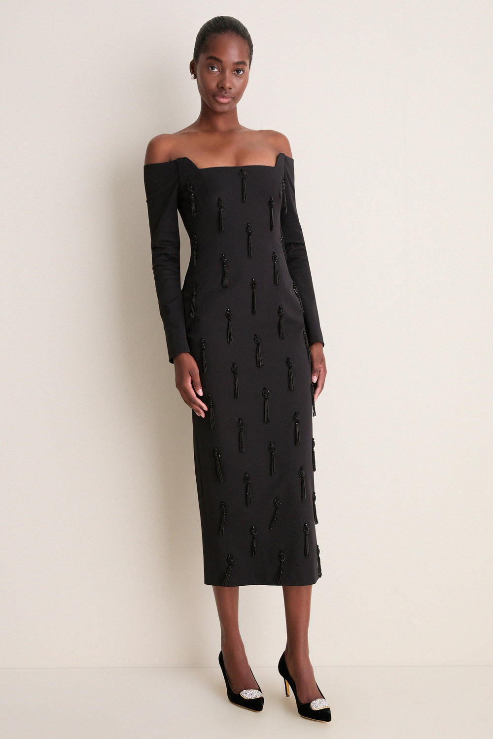 Black Tassel Embroidered Off The Shoulder Dress