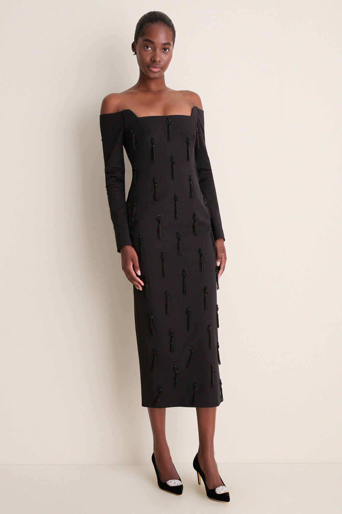 Black Tassel Embroidered Off The Shoulder Dress