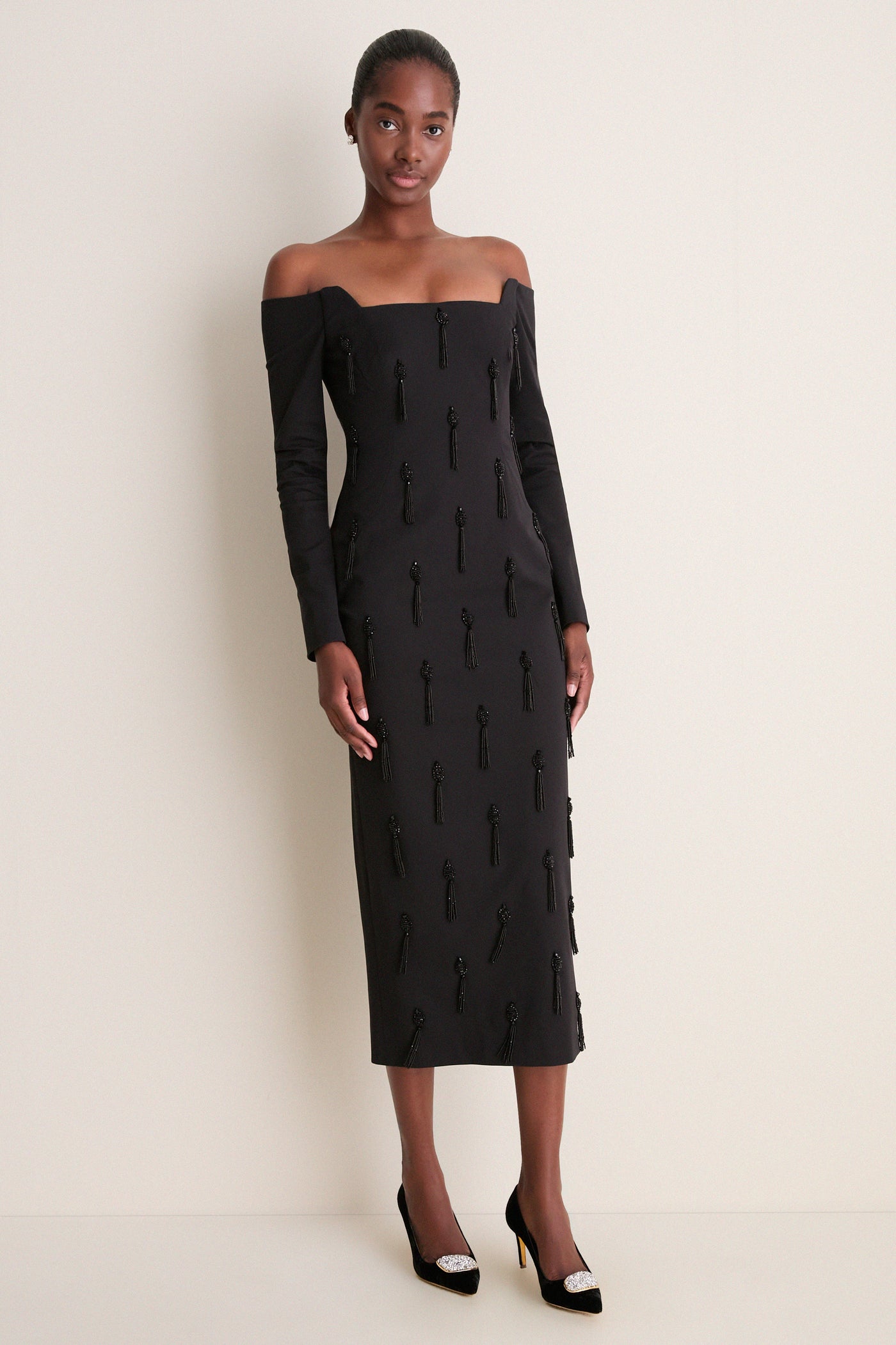 Black Tassel Embroidered Off The Shoulder Dress