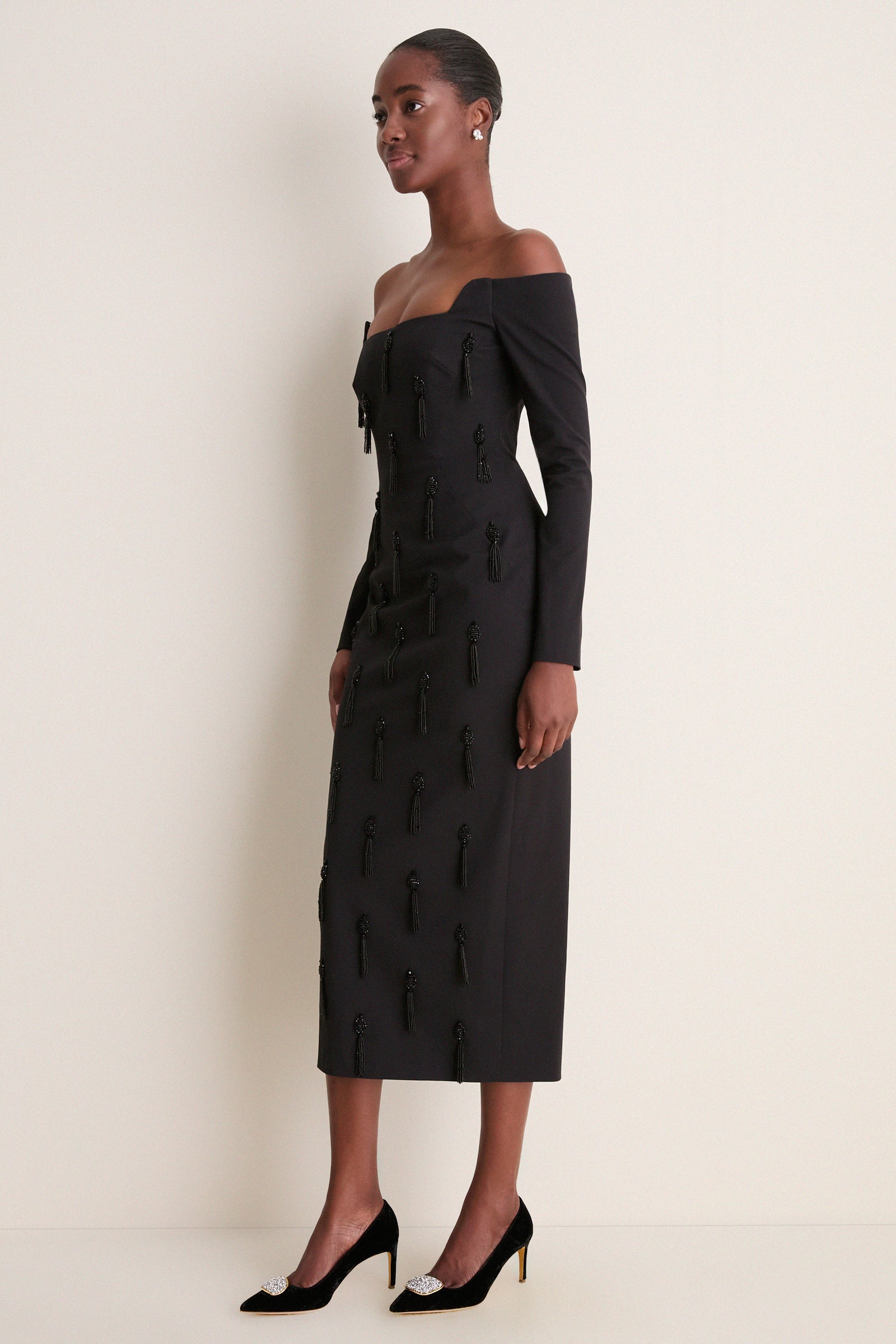 Black Tassel Embroidered Off The Shoulder Dress