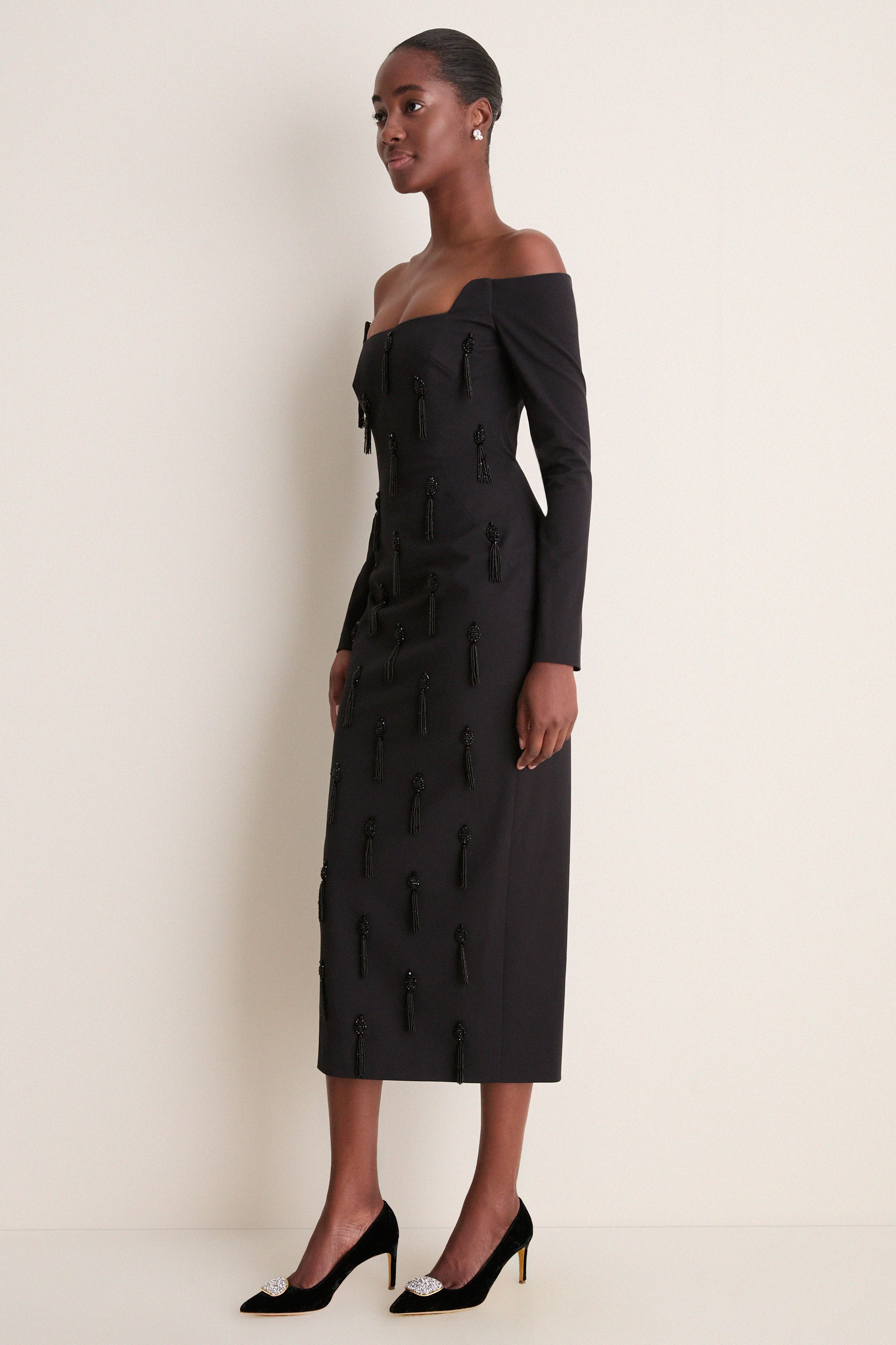 Black Tassel Embroidered Off The Shoulder Dress