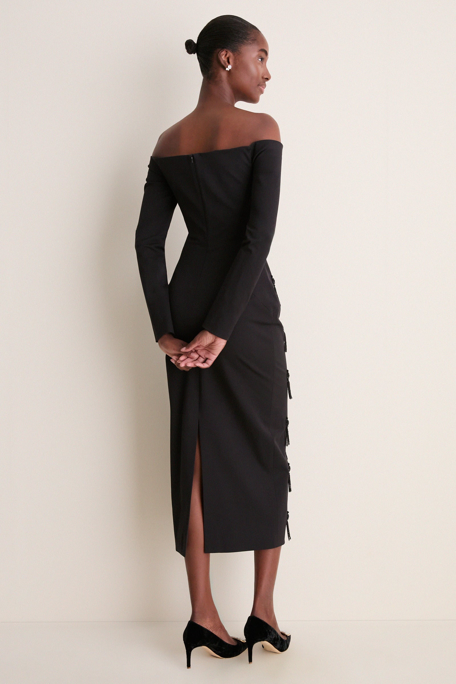 Black Tassel Embroidered Off The Shoulder Dress
