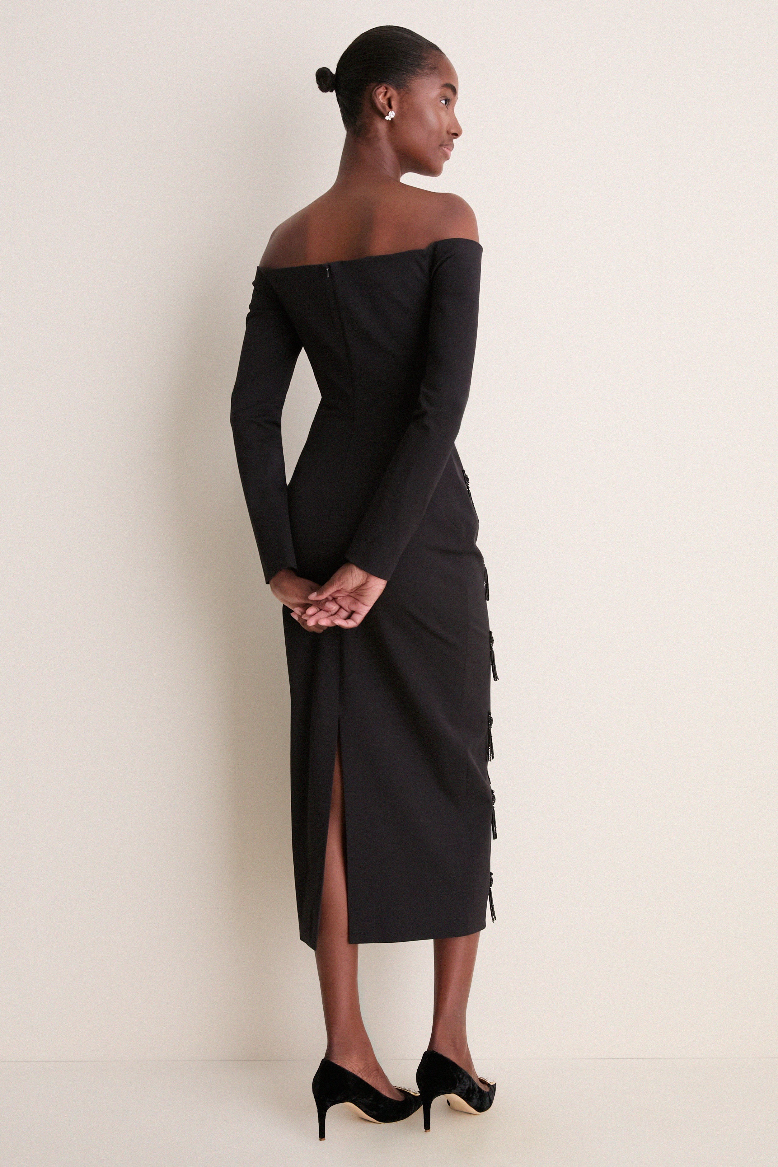 Black Tassel Embroidered Off The Shoulder Dress