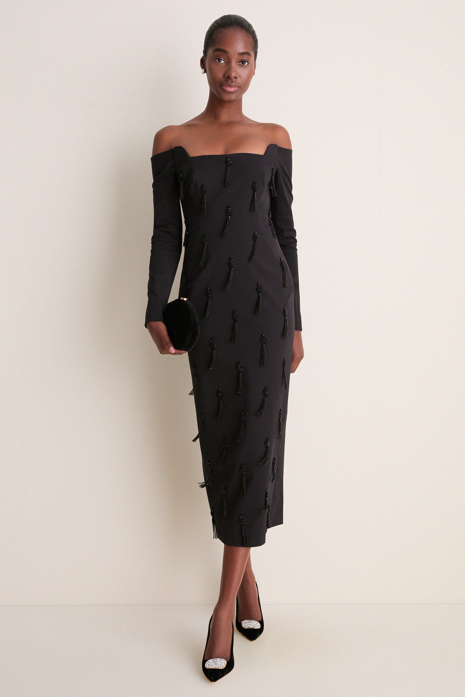 Black Tassel Embroidered Off The Shoulder Dress