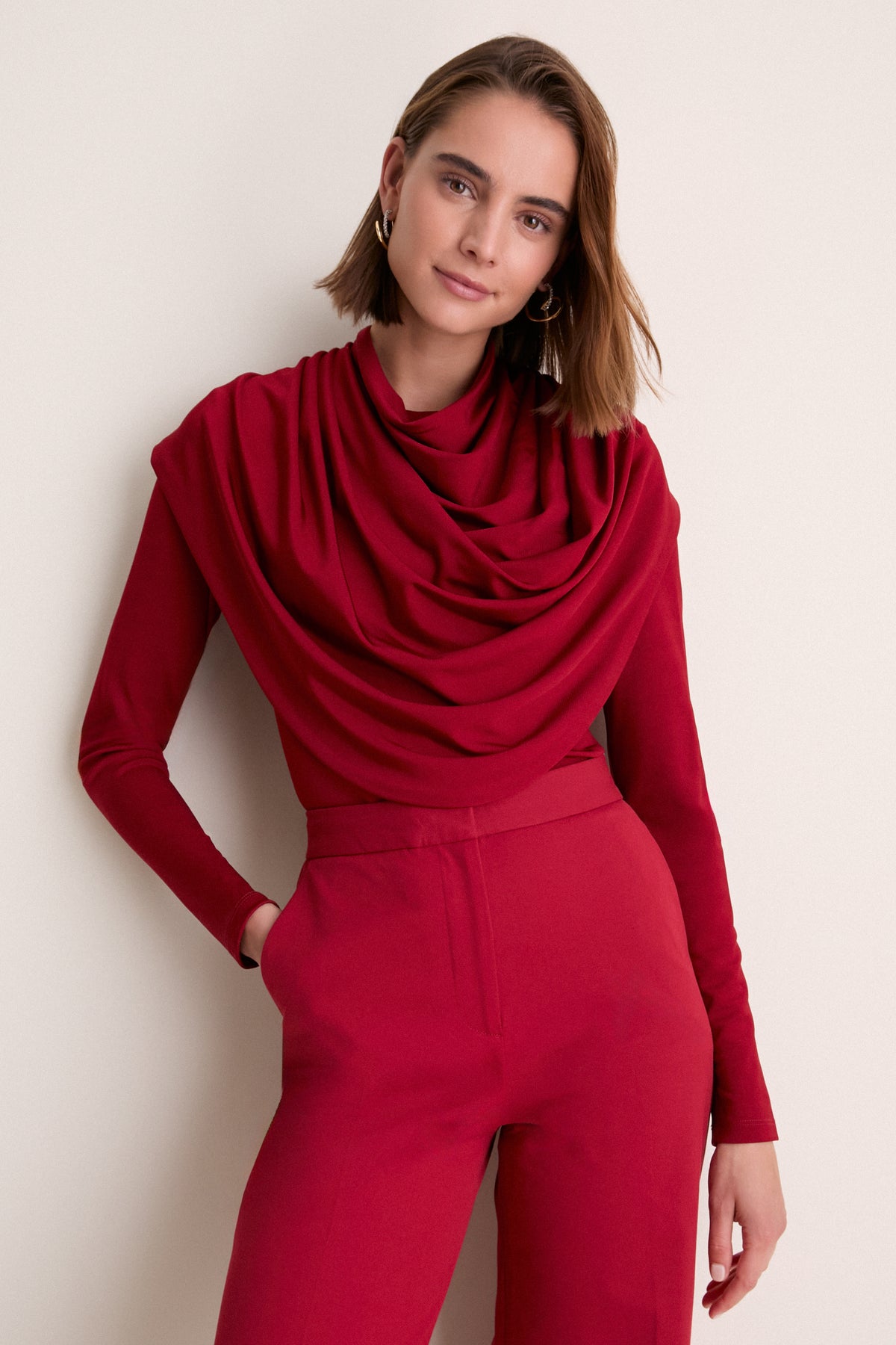 Oxblood Satin Jersey Draped Top