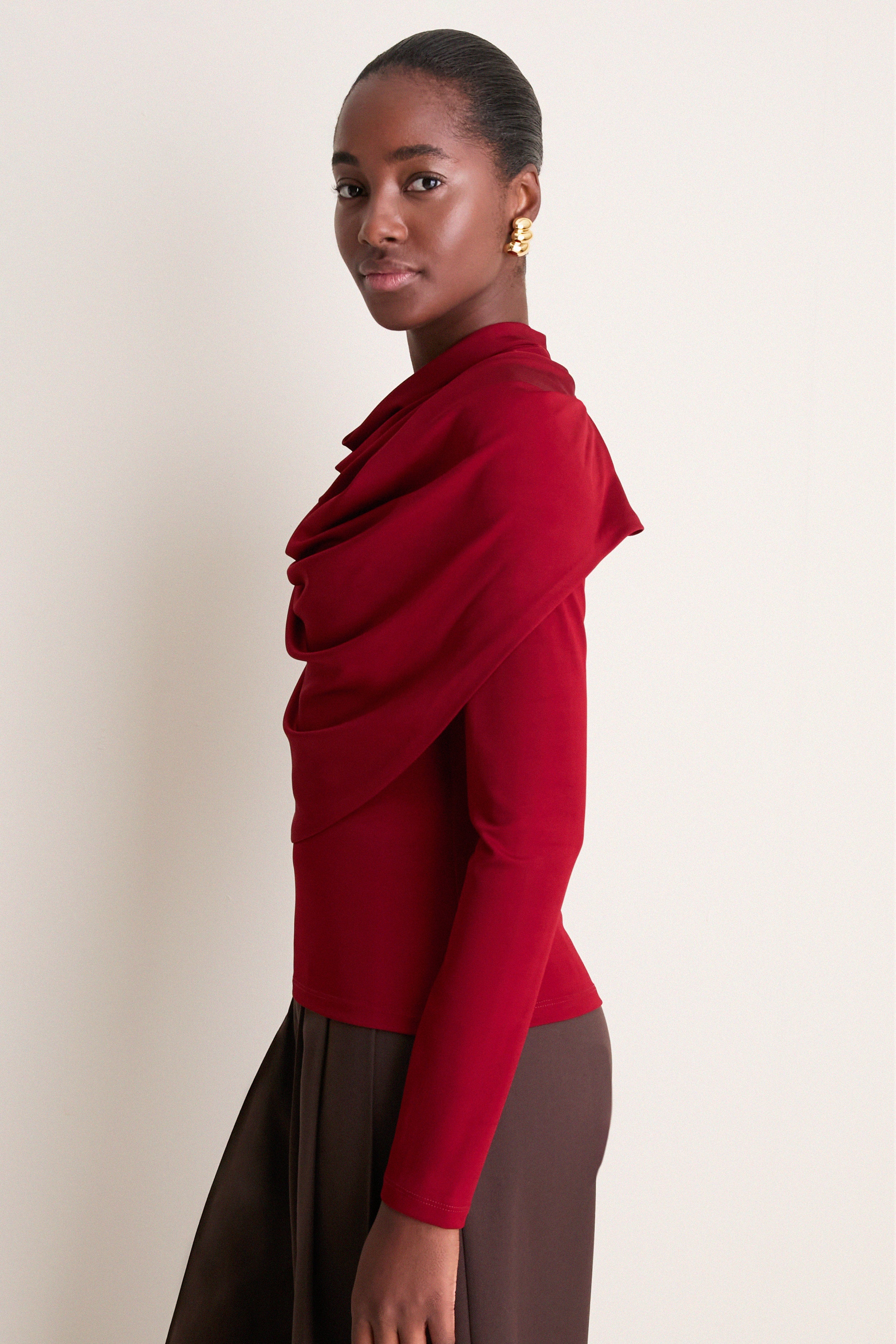 Oxblood Satin Jersey Draped Top