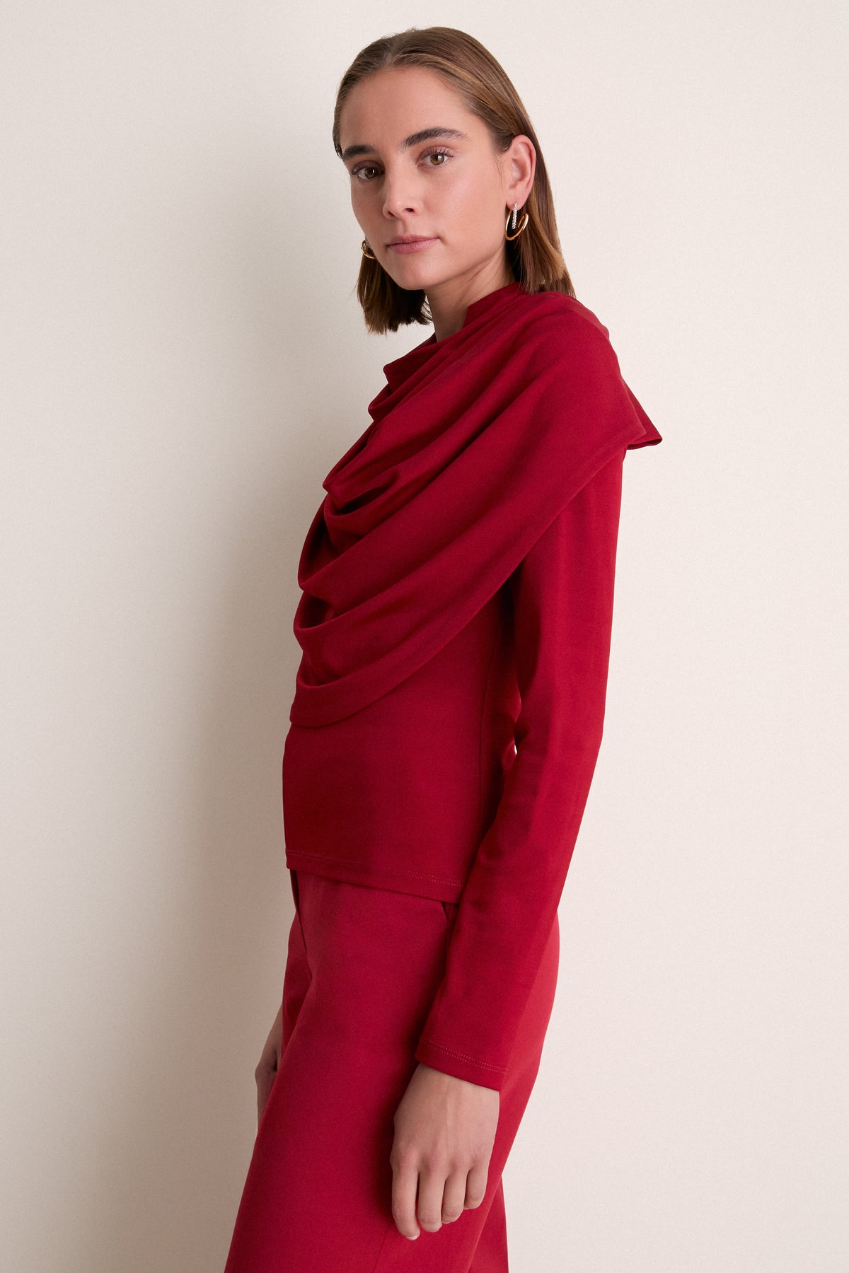 Oxblood Satin Jersey Draped Top