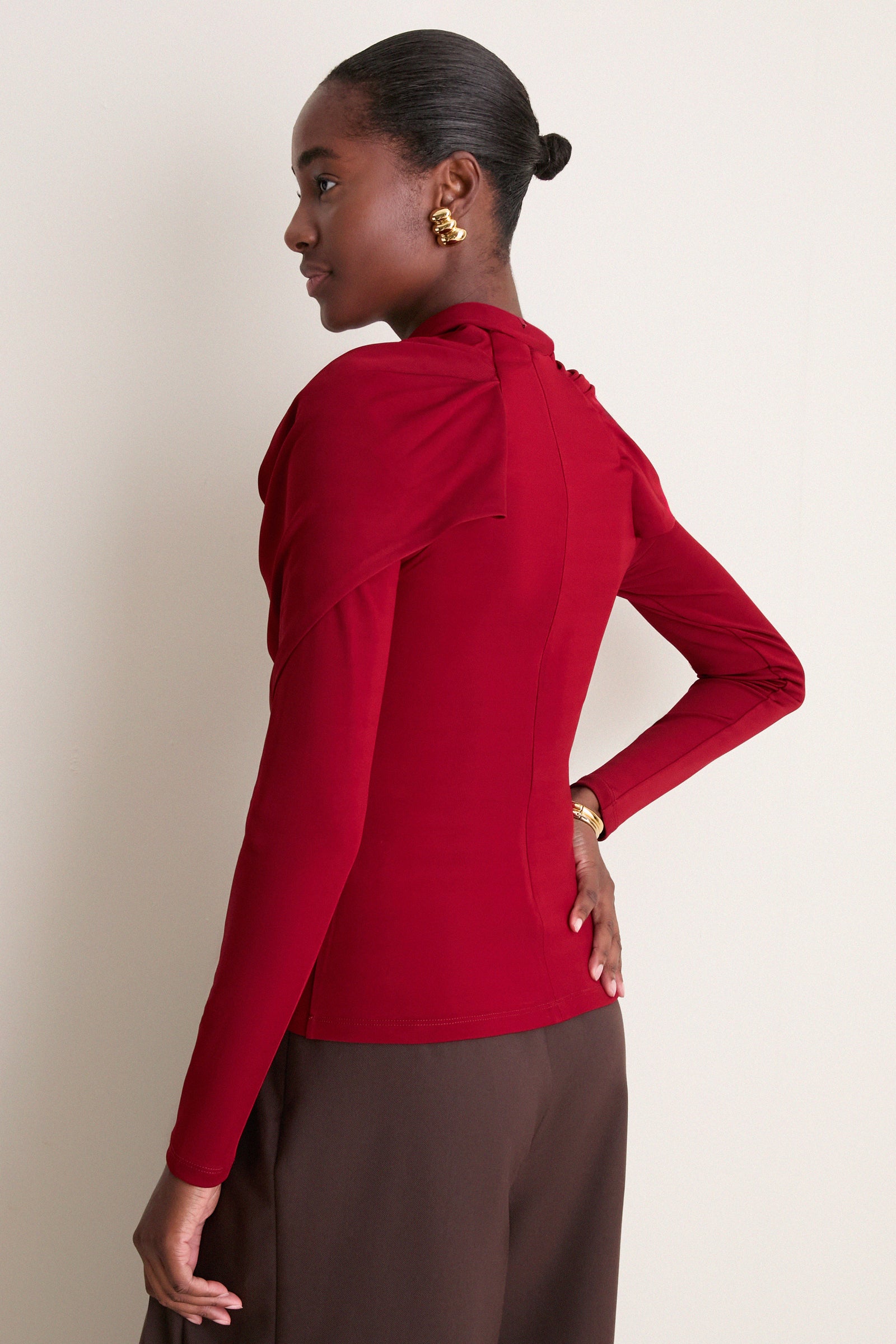 Oxblood Satin Jersey Draped Top