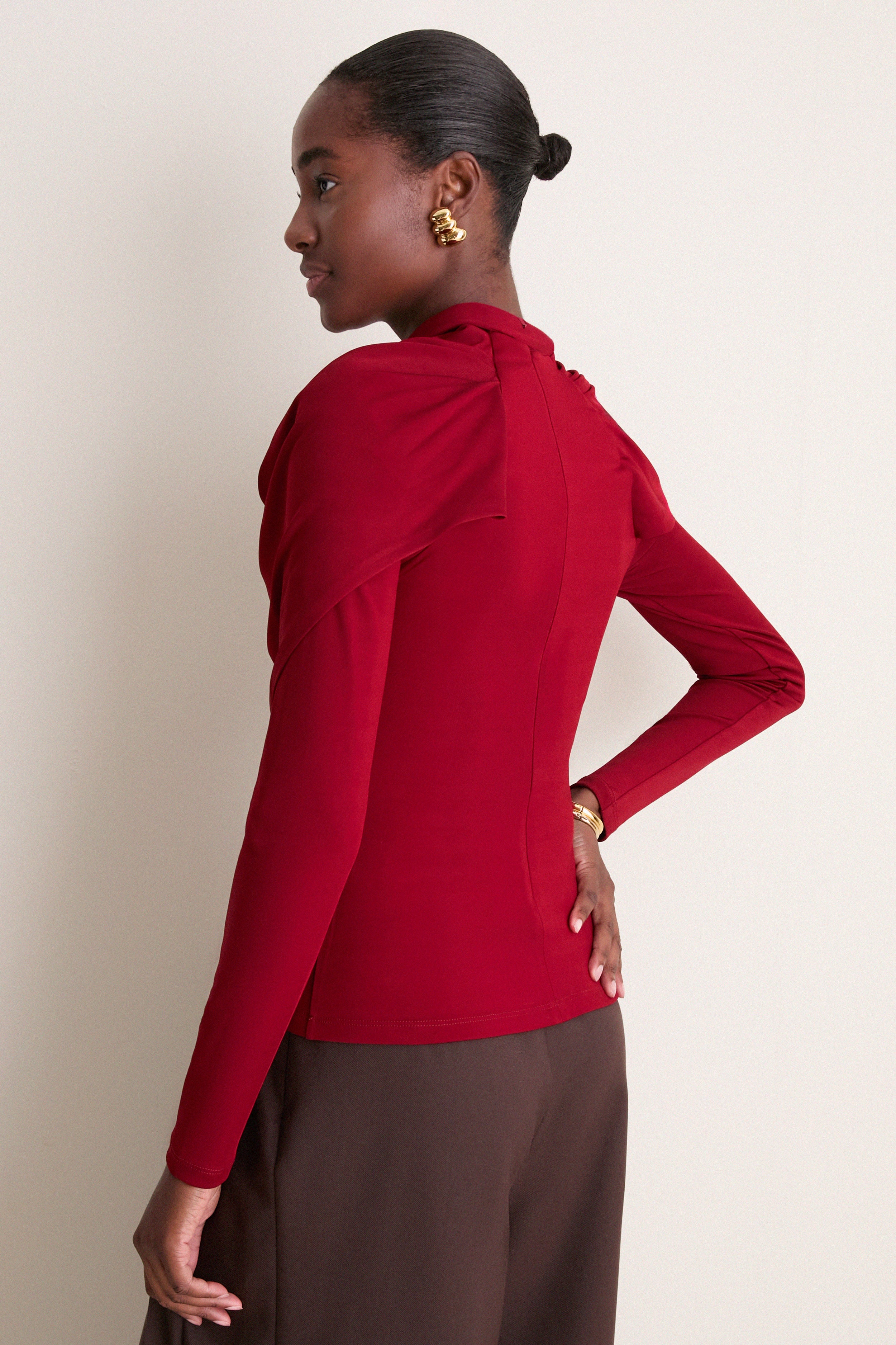 Oxblood Satin Jersey Draped Top